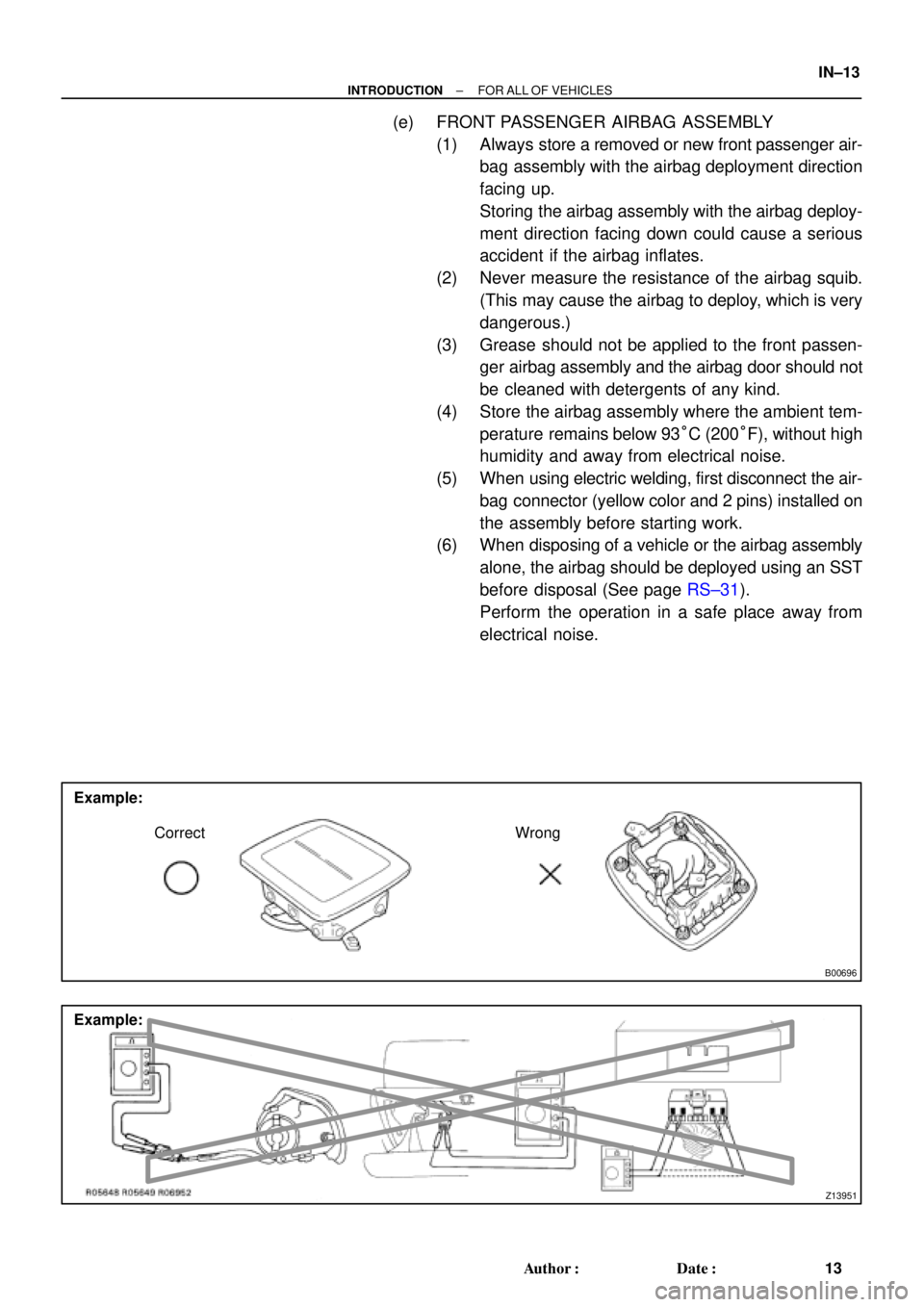 TOYOTA CAMRY 2000  Service Repair Manual B00696
Example:
Correct Wrong
Z13951
Example:
± INTRODUCTIONFOR ALL OF VEHICLES
IN±13
13 Author: Date:
(e) FRONT PASSENGER AIRBAG ASSEMBLY
(1) Always store a removed or new front passenger air-
ba