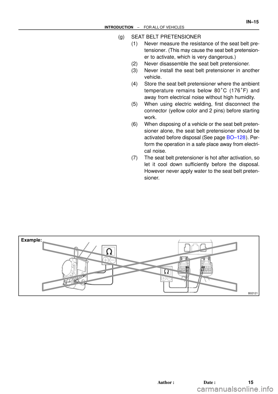 TOYOTA CAMRY 2000  Service Repair Manual B02121
Example:
± INTRODUCTIONFOR ALL OF VEHICLES
IN±15
15 Author: Date:
(g) SEAT BELT PRETENSIONER
(1) Never measure the resistance of the seat belt pre-
tensioner. (This may cause the seat belt 