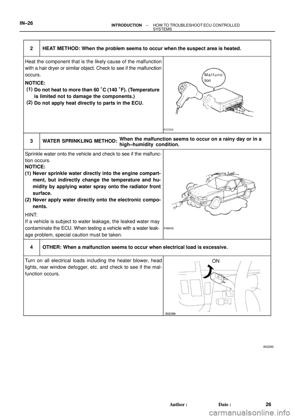 TOYOTA CAMRY 2000  Service Repair Manual B02389
B02390
HEAT METHOD: When the problem seems to occur when the suspect area is heated. 2
NOTICE:3 WATER SPRINKLING METHOD:
(1)
(2)
4 OTHER: When a malfunction seems to occur when electrical load 