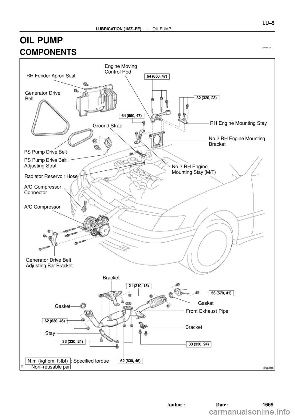 TOYOTA CAMRY 2000  Service Repair Manual LU027±04
B06398
 Gasket RH Fender Apron Seal
PS Pump Drive Belt
A/C Compressor
Connector
A/C Compressor
No.2 RH Engine
Mounting Stay (M/T) Engine Moving
Control Rod
RH Engine Mounting Stay
No.2 RH E