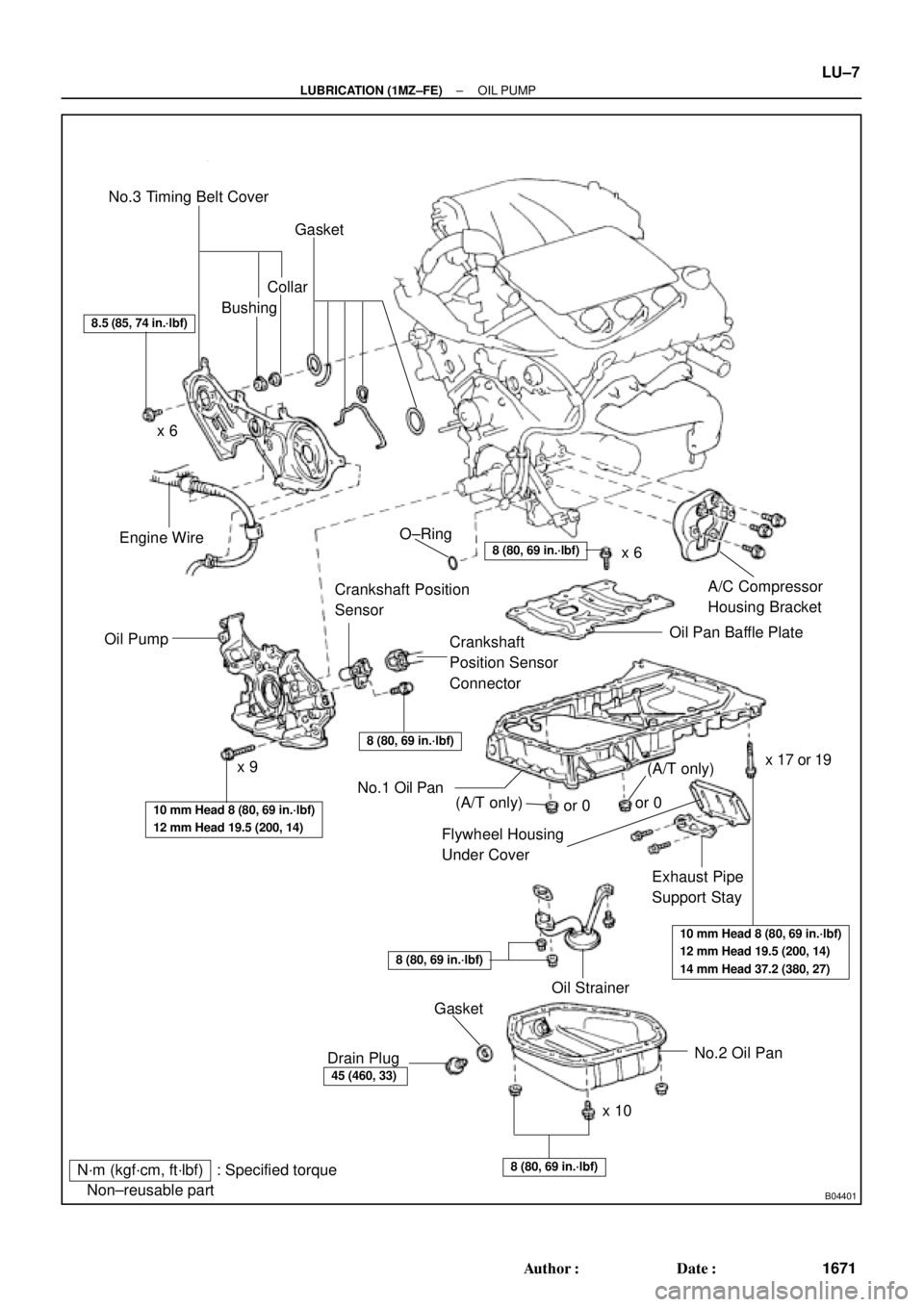 TOYOTA CAMRY 2000  Service Repair Manual B04401
N´m (kgf´cm, ft´lbf) : Specified torque
 Non±reusable partNo.3 Timing Belt Cover
Gasket
BushingCollar
A/C Compressor
Housing Bracket
Oil Pan Baffle Plate
Crankshaft
Position Sensor
Connect