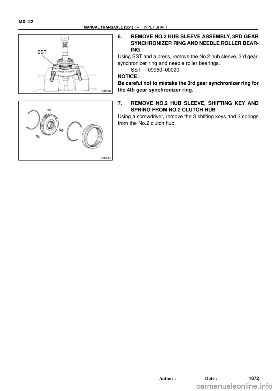 TOYOTA CAMRY 2000  Service Repair Manual CM0064
SST
SM0269
MX±22
± MANUAL TRANSAXLE (S51)INPUT SHAFT
1872 Author: Date:
6. REMOVE NO.2 HUB SLEEVE ASSEMBLY, 3RD GEAR
SYNCHRONIZER RING AND NEEDLE ROLLER BEAR-
ING
Using SST and a press, rem