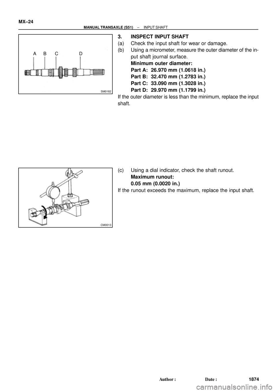 TOYOTA CAMRY 2000  Service Repair Manual SM0182
D C B A
CM0013
MX±24
± MANUAL TRANSAXLE (S51)INPUT SHAFT
1874 Author: Date:
3. INSPECT INPUT SHAFT
(a) Check the input shaft for wear or damage.
(b) Using a micrometer, measure the outer di