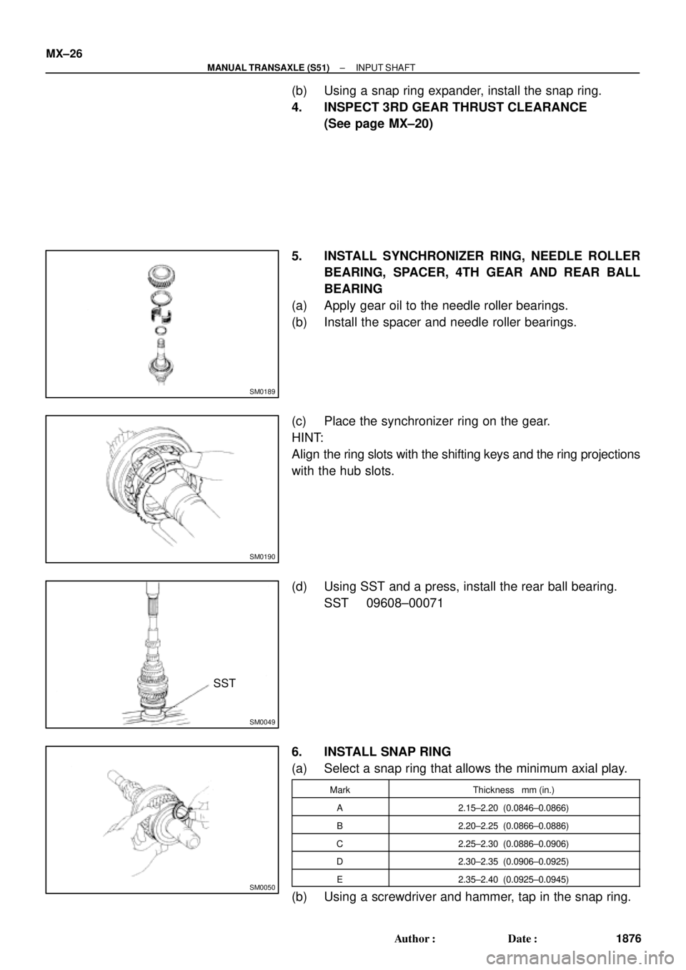 TOYOTA CAMRY 2000  Service Repair Manual SM0189
SM0190
SM0049
SST
SM0050
MX±26
± MANUAL TRANSAXLE (S51)INPUT SHAFT
1876 Author: Date:
(b) Using a snap ring expander, install the snap ring.
4. INSPECT 3RD GEAR THRUST CLEARANCE
(See page M
