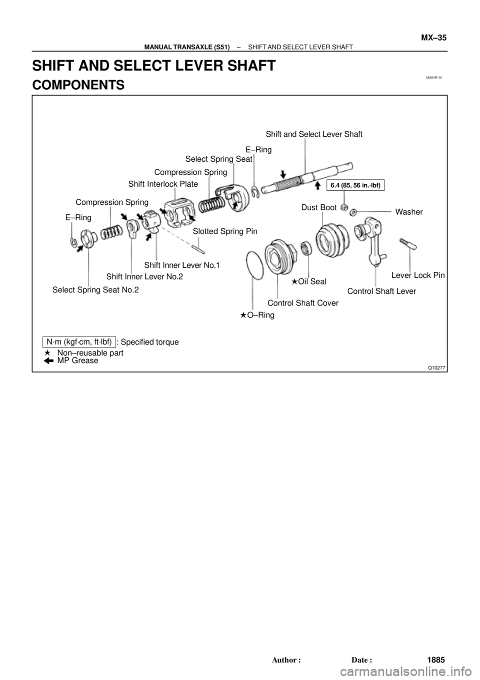 TOYOTA CAMRY 2000  Service Repair Manual MX04R±01
Q10277
Shift and Select Lever Shaft
Select Spring Seat
Shift Interlock Plate
Compression Spring
Select Spring Seat No.2Shift Inner Lever No.2Shift Inner Lever No.1Slotted Spring Pin
Control 