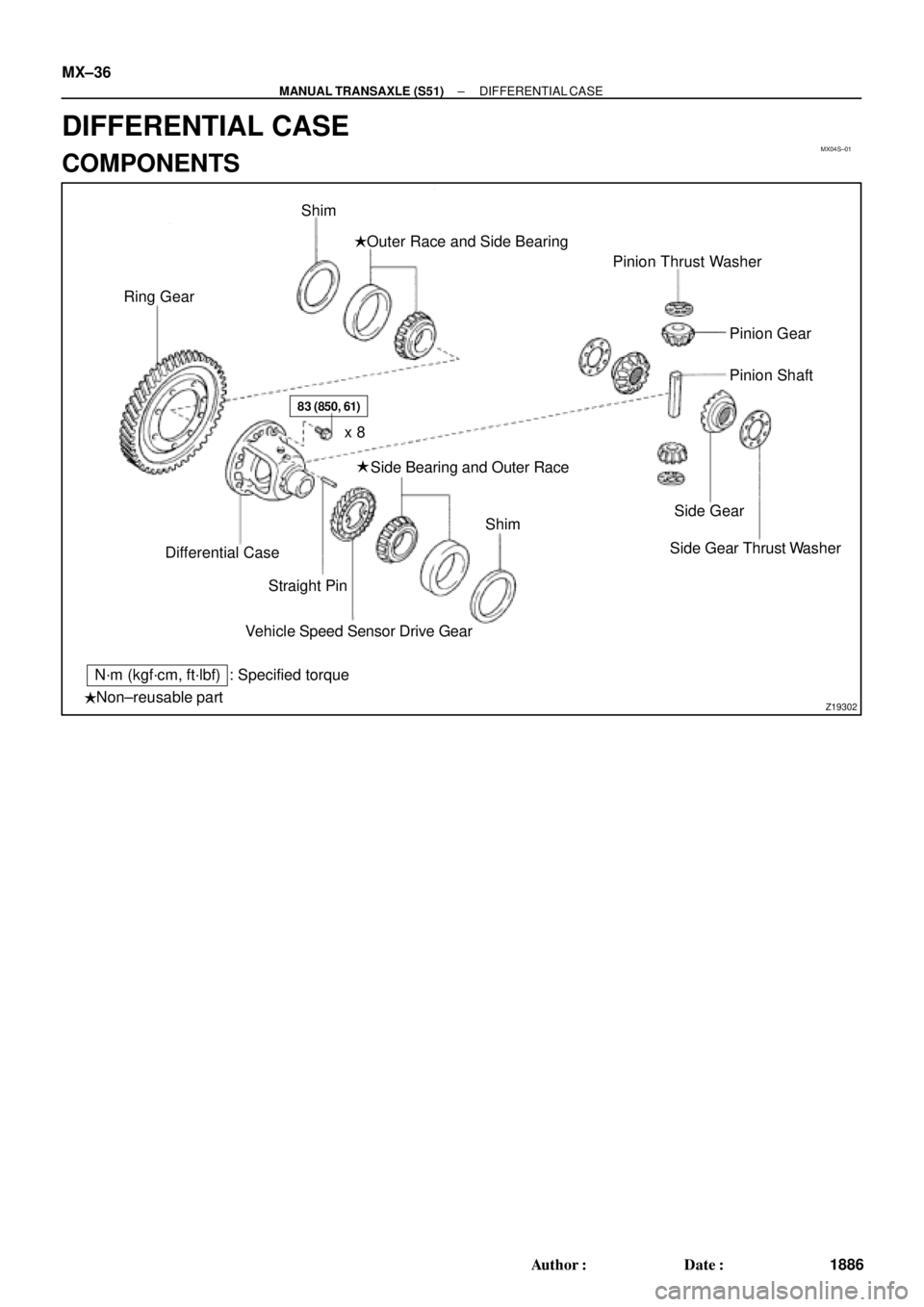 TOYOTA CAMRY 2000  Service Repair Manual MX04S±01
Z19302
Ring GearOuter Race and Side Bearing
Pinion Thrust Washer
Pinion Gear
Pinion Shaft
Side Gear
Side Gear Thrust Washer Side Bearing and Outer Race
Vehicle Speed Sensor Drive Gear Straig