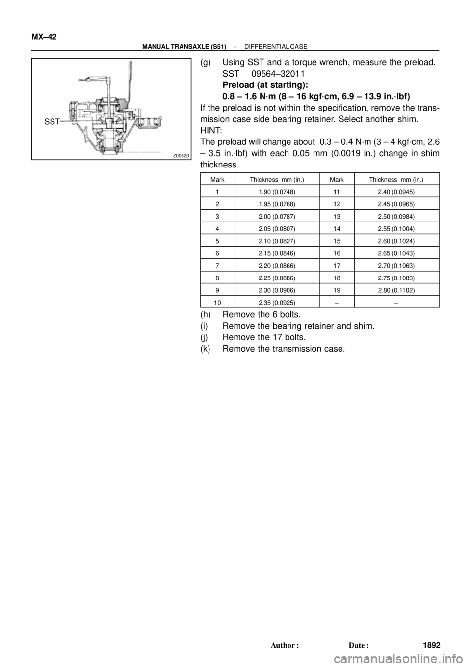 TOYOTA CAMRY 2000  Service Repair Manual Z00620
SST MX±42
± MANUAL TRANSAXLE (S51)DIFFERENTIAL CASE
1892 Author: Date:
(g) Using SST and a torque wrench, measure the preload.
SST 09564±32011
Preload (at starting): 
0.8 ± 1.6 N´m (8 ±