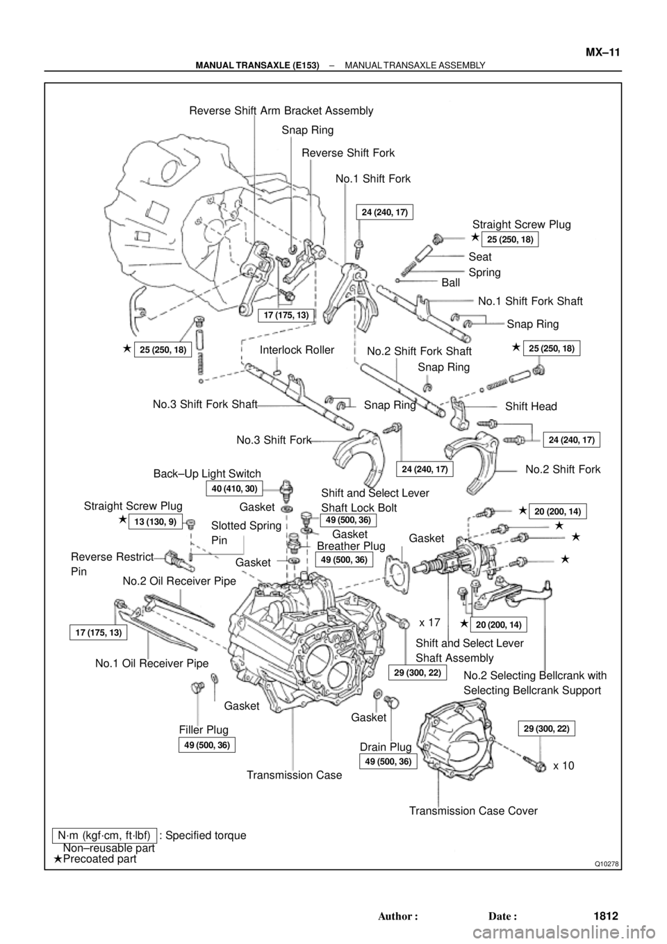TOYOTA CAMRY 2000  Service Repair Manual Q10278
Reverse Shift Arm Bracket Assembly
Snap Ring
Reverse Shift Fork
No.1 Shift Fork
Straight Screw Plug
Seat
Spring
Ball
No.1 Shift Fork Shaft
Snap Ring

24 (240, 17)
25 (250, 18)
25 (250, 18)
In