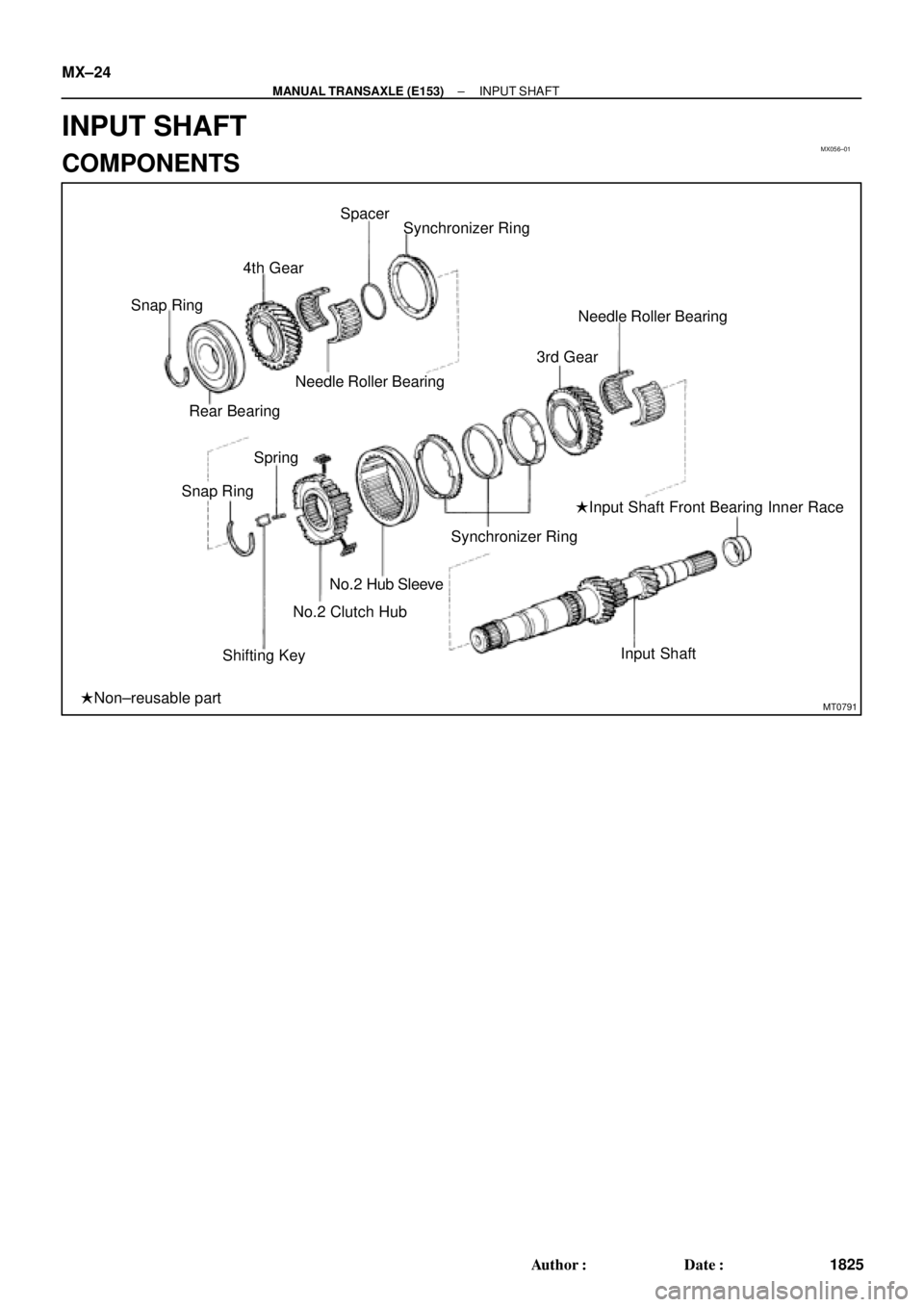 TOYOTA CAMRY 2000  Service Repair Manual MX056±01
MT0791
Synchronizer Ring Spacer
4th Gear
Snap Ring
Rear BearingNeedle Roller Bearing
Snap RingSpring
Shifting KeyNo.2 Clutch HubNo.2 Hub SleeveSynchronizer Ring3rd GearNeedle Roller Bearing
