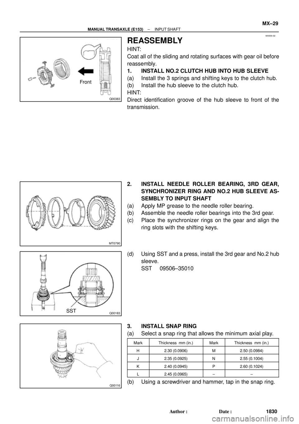 TOYOTA CAMRY 2000  Service Repair Manual MX059±02
Q00383
Front
MT0790
Q00183SST
Q00116
± MANUAL TRANSAXLE (E153)INPUT SHAFT
MX±29
1830 Author: Date:
REASSEMBLY
HINT:
Coat all of the sliding and rotating surfaces with gear oil before
rea