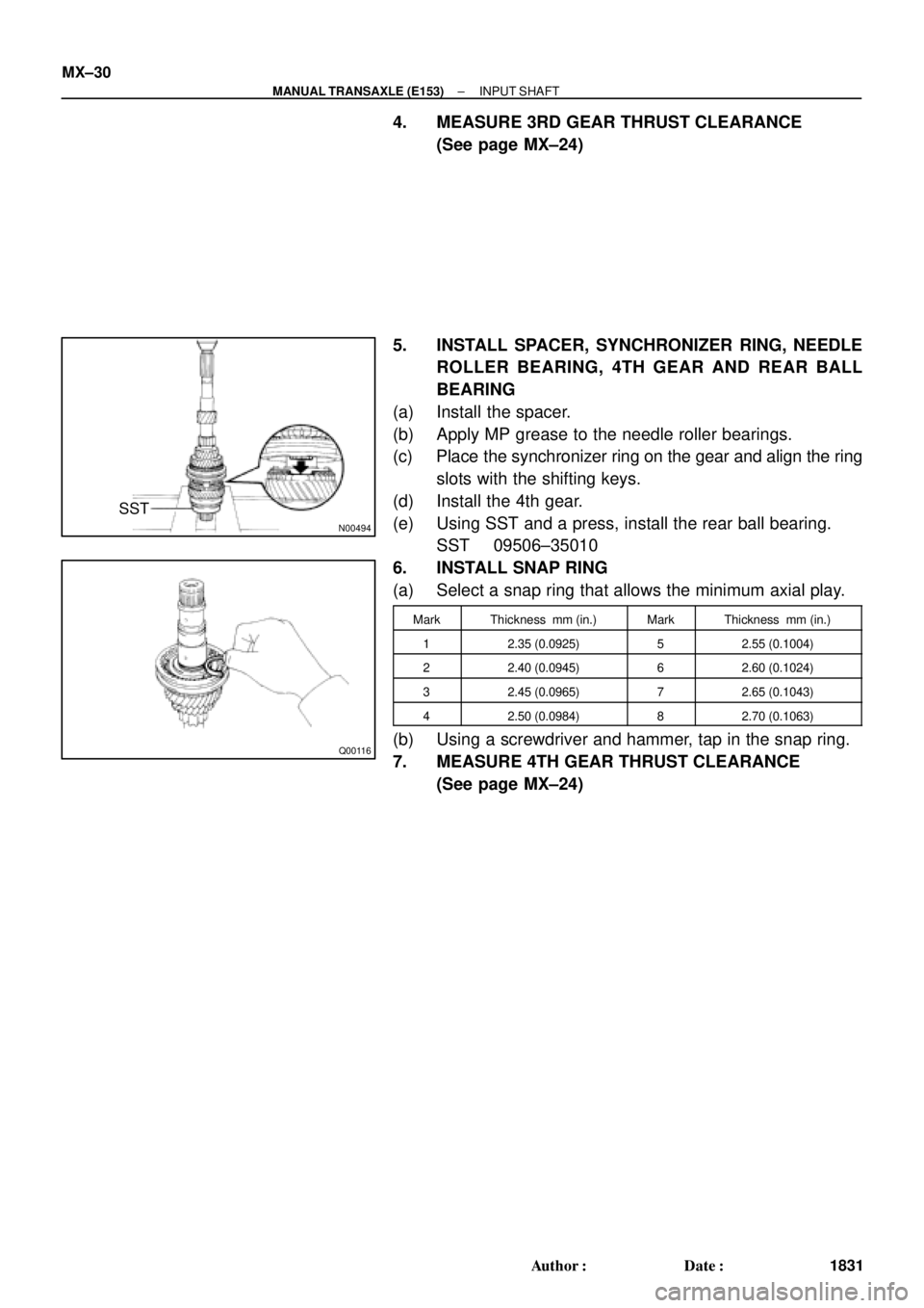 TOYOTA CAMRY 2000  Service Repair Manual N00494
SST
Q00116
MX±30
± MANUAL TRANSAXLE (E153)INPUT SHAFT
1831 Author: Date:
4. MEASURE 3RD GEAR THRUST CLEARANCE
(See page MX±24)
5. INSTALL SPACER, SYNCHRONIZER RING, NEEDLE
ROLLER BEARING, 