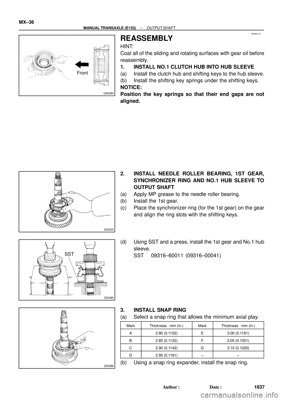 TOYOTA CAMRY 2000  Service Repair Manual MX05D±01
Q00384
Front
Z00225
Z00385
SST
Z00386
MX±36
± MANUAL TRANSAXLE (E153)OUTPUT SHAFT
1837 Author: Date:
REASSEMBLY
HINT:
Coat all of the sliding and rotating surfaces with gear oil before
r