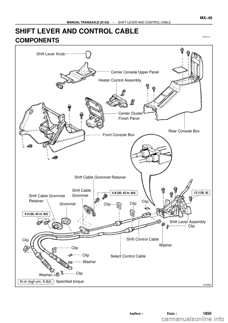 TOYOTA CAMRY 2000  Service Repair Manual MX05K±01
Q10281
Shift Lever Knob
Center Console Upper Panel
Heater Control Assembly
Center Cluster
Finish Panel
Front Console Box
12 (120, 9)
Shift Lever Assembly
Clip
Washer Shift Control Cable
Sele