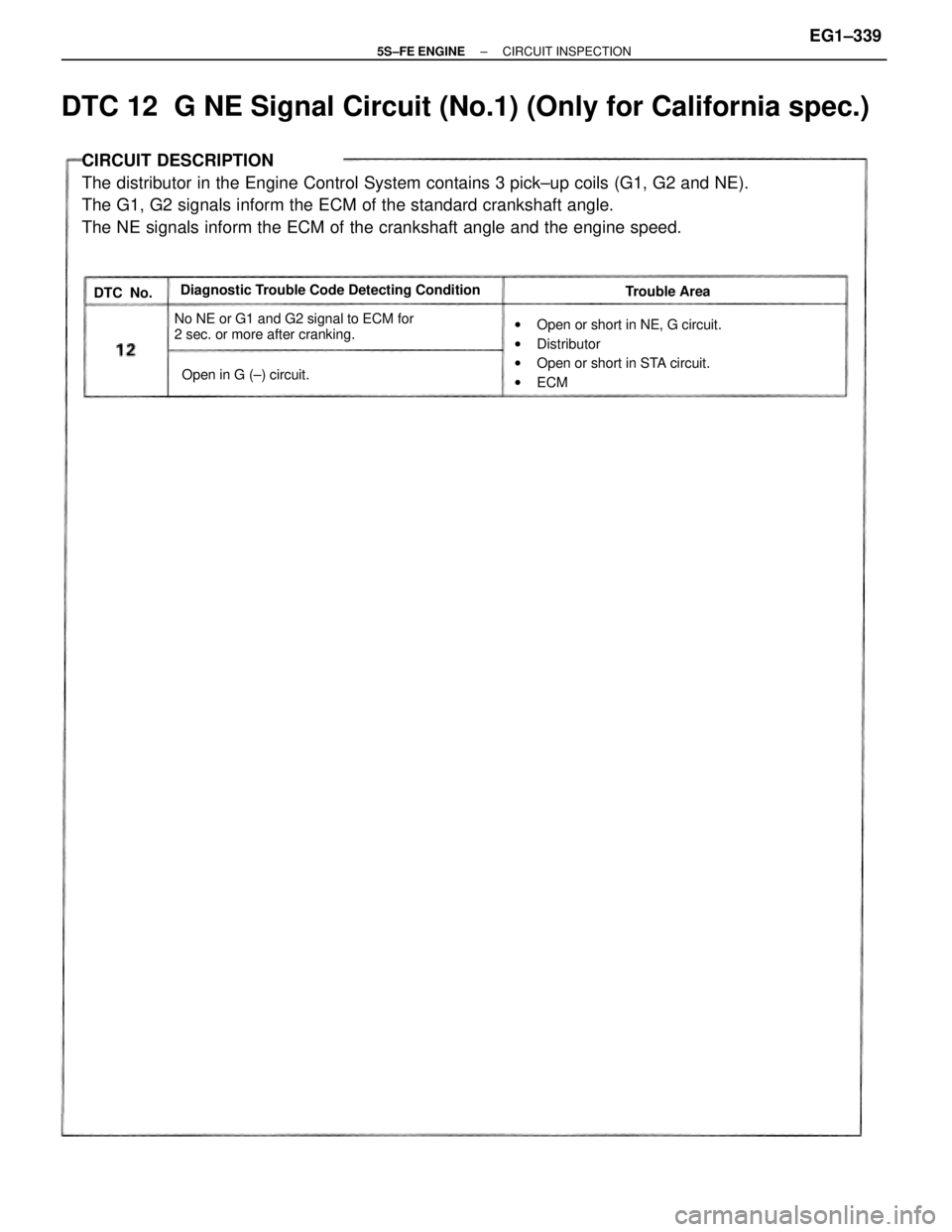 TOYOTA CAMRY 2000  Service Repair Manual CIRCUIT DESCRIPTION
The distributor in the Engine Control System contains 3 pick±up coils (G1, G2 and NE).
The G1, G2 signals inform the ECM of the standard crankshaft angle.
The NE signals inform th