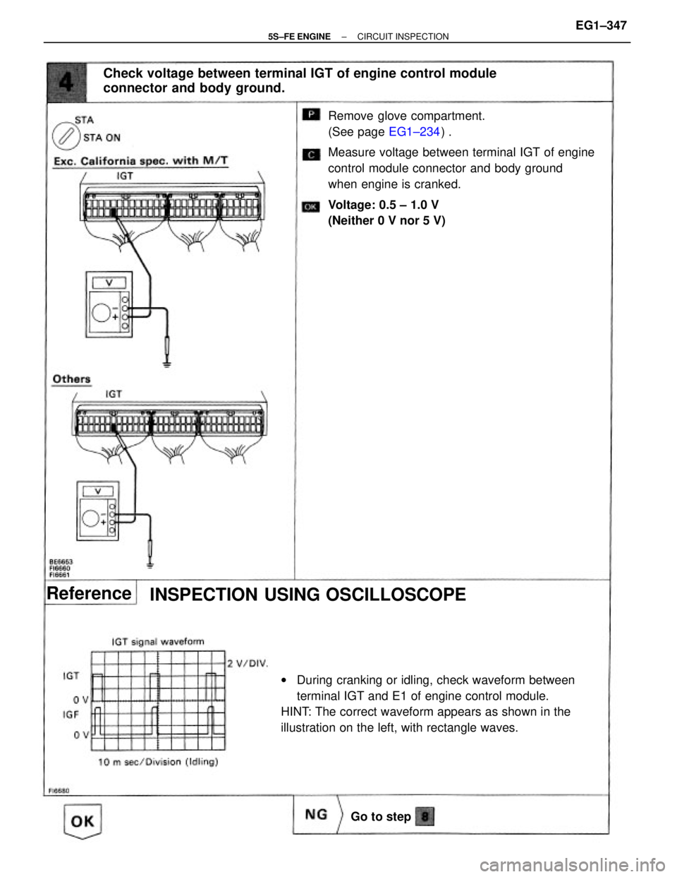 TOYOTA CAMRY 2000 Service Repair Manual Remove glove compartment.
(See page EG1±234) .
Measure voltage between terminal IGT of engine
control module connector and body ground
when engine is cranked.
Voltage: 0.5 ± 1.0 V
(Neither 0 V nor 5 TOYOTA CAMRY 2000 Service Repair Manual Remove glove compartment.
(See page EG1±234) .
Measure voltage between terminal IGT of engine
control module connector and body ground
when engine is cranked.
Voltage: 0.5 ± 1.0 V
(Neither 0 V nor 5