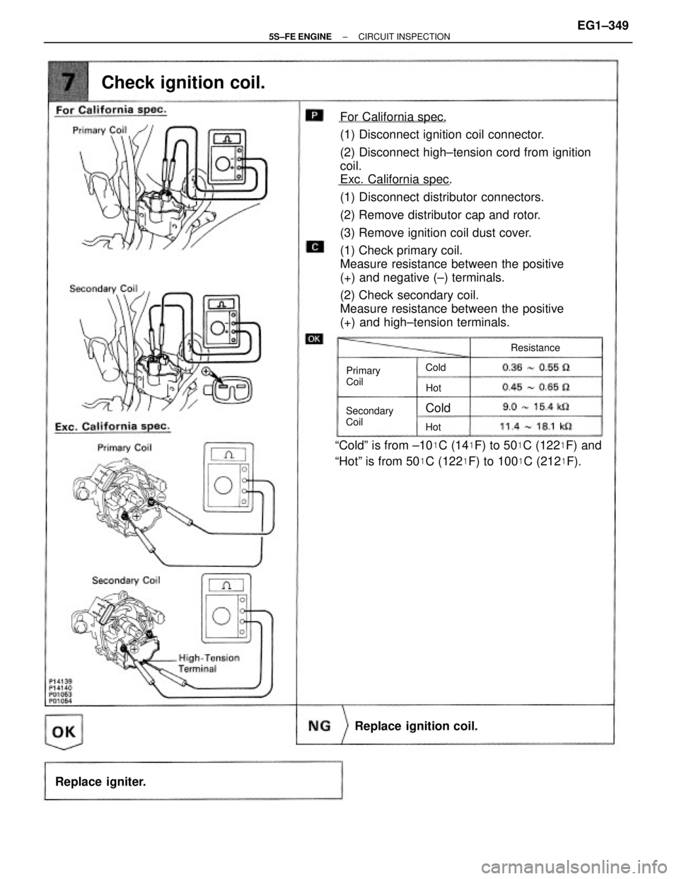 TOYOTA CAMRY 2000 Service Repair Manual For California spec.
(1) Disconnect ignition coil connector.
(2) Disconnect high±tension cord from ignition
coil.
Exc. California spec.
(1) Disconnect distributor connectors.
(2) Remove distributor c TOYOTA CAMRY 2000 Service Repair Manual For California spec.
(1) Disconnect ignition coil connector.
(2) Disconnect high±tension cord from ignition
coil.
Exc. California spec.
(1) Disconnect distributor connectors.
(2) Remove distributor c
