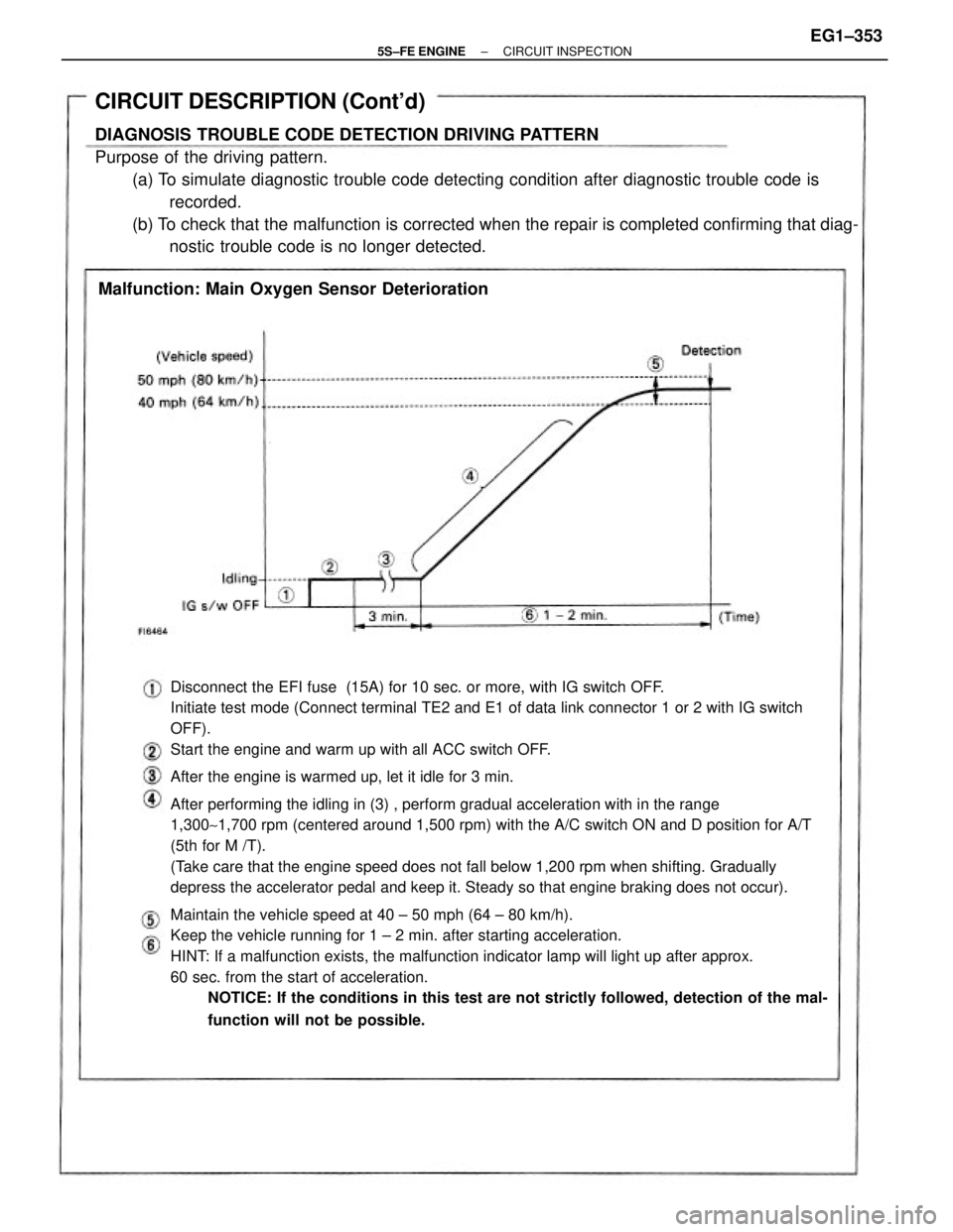 TOYOTA CAMRY 2000 Service Repair Manual Disconnect the EFI fuse (15A) for 10 sec. or more, with IG switch OFF.
Initiate test mode (Connect terminal TE2 and E1 of data link connector 1 or 2 with IG switch
OFF).
Start the engine and warm up TOYOTA CAMRY 2000 Service Repair Manual Disconnect the EFI fuse (15A) for 10 sec. or more, with IG switch OFF.
Initiate test mode (Connect terminal TE2 and E1 of data link connector 1 or 2 with IG switch
OFF).
Start the engine and warm up