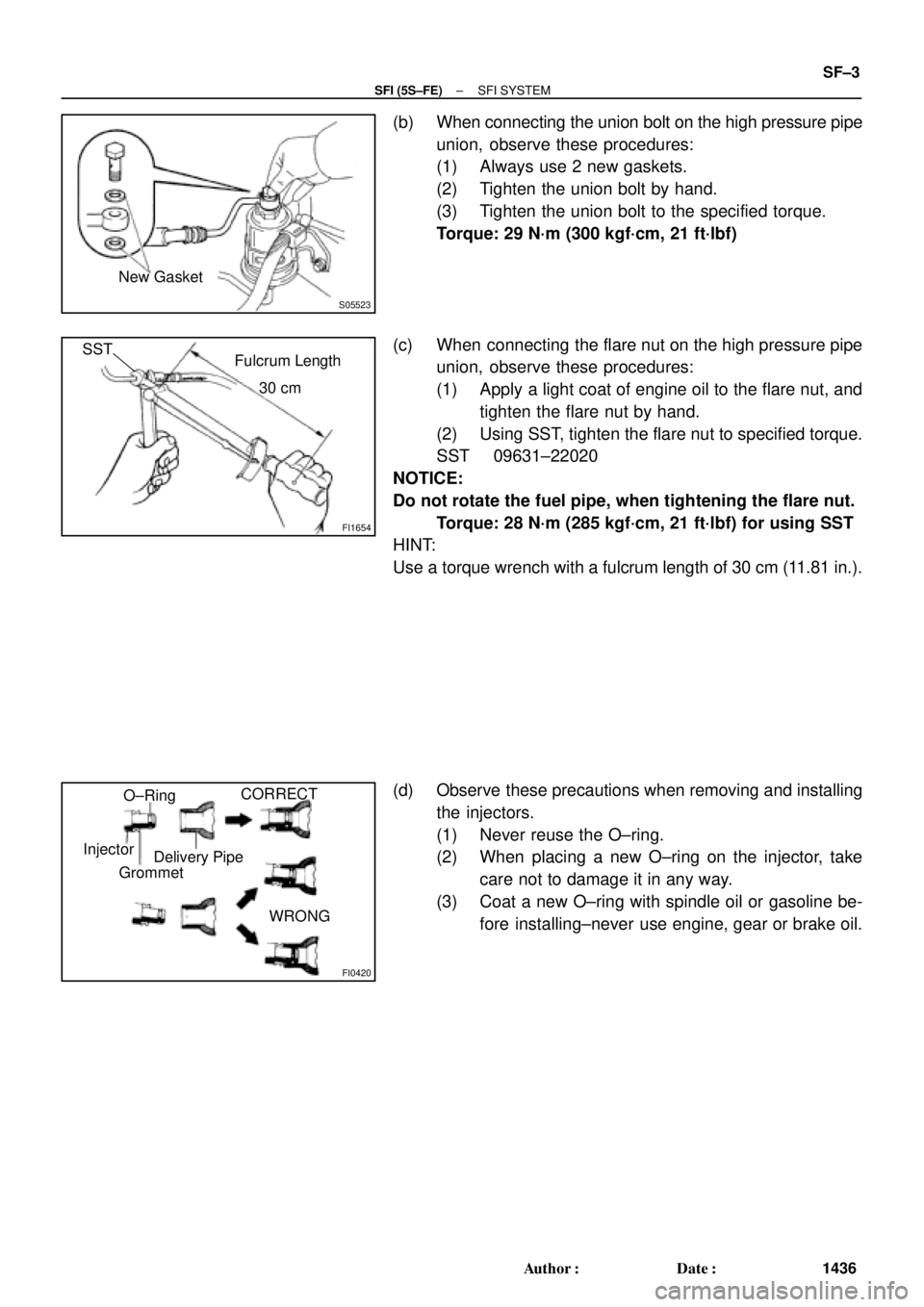 TOYOTA CAMRY 2000  Service Repair Manual S05523
New Gasket
FI1654
SST
30 cm Fulcrum Length
FI0420
Injector
GrommetO±Ring
Delivery PipeCORRECT
WRONG
± SFI (5S±FE)SFI SYSTEM
SF±3
1436 Author: Date:
(b) When connecting the union bolt on t