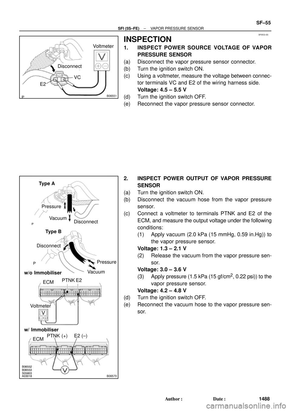 TOYOTA CAMRY 2000  Service Repair Manual SF0EG±03
B06551
Disconnect
VC
E2Voltmeter
A03018S05603B06553B06552
B06570
Vacuum
Disconnect
ECME2
Disconnect
Pressure
Vacuum
PTNK
Voltmeter
PTNK (+) E2 (±) w/ Immobiliser
ECM
w/o Immobiliser
Pressur