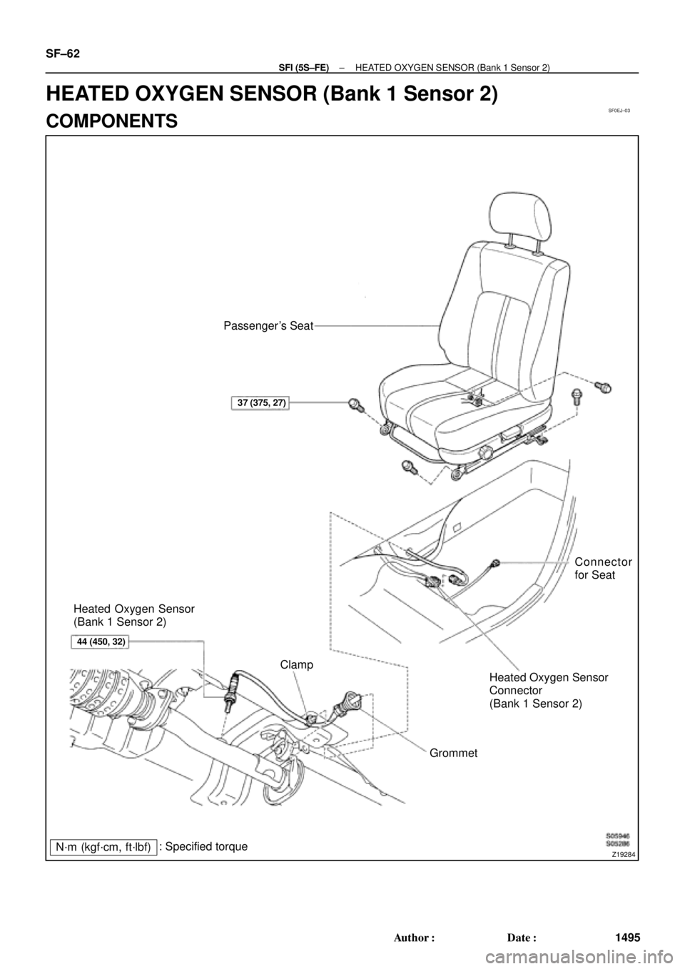 TOYOTA CAMRY 2000  Service Repair Manual SF0EJ±03
Z19284
Passengers Seat
Connector
for Seat
Heated Oxygen Sensor
Connector
(Bank 1 Sensor 2)
Grommet Clamp Heated Oxygen Sensor
(Bank 1 Sensor 2)
37 (375, 27)
44 (450, 32)
N´m (kgf´cm, ft´