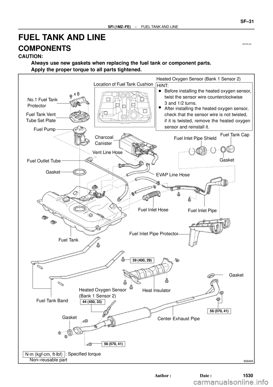 TOYOTA CAMRY 2000  Service Repair Manual SF07N±03
B06469
Heated Oxygen Sensor (Bank 1 Sensor 2)
Before installing the heated oxygen sensor,
twist the sensor wire counterclockwise
3 and 1/2 turns. HINT:
After installing the heated oxygen sen