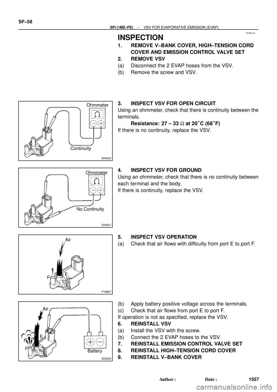 TOYOTA CAMRY 2000  Service Repair Manual SF08D±03
S04522
ContinuityOhmmeter
S04521
No ContinuityOhmmeter
P18857
Air
E
F
S04520
Air
E
F
Battery SF±58
± SFI (1MZ±FE)VSV FOR EVAPORATIVE EMISSION (EVAP)
1557 Author: Date:
INSPECTION
1. REM