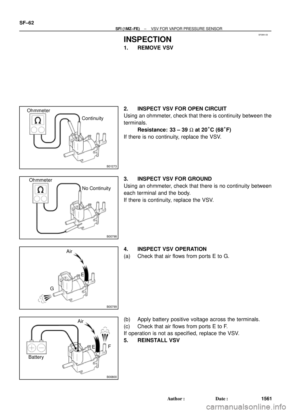 TOYOTA CAMRY 2000  Service Repair Manual SF08H±03
B01273
Ohmmeter
Continuity
B00798
Ohmmeter
No Continuity
B00799
Air
E
G
B00800
BatteryAir
F
E SF±62
± SFI (1MZ±FE)VSV FOR VAPOR PRESSURE SENSOR
1561 Author: Date:
INSPECTION
1. REMOVE V