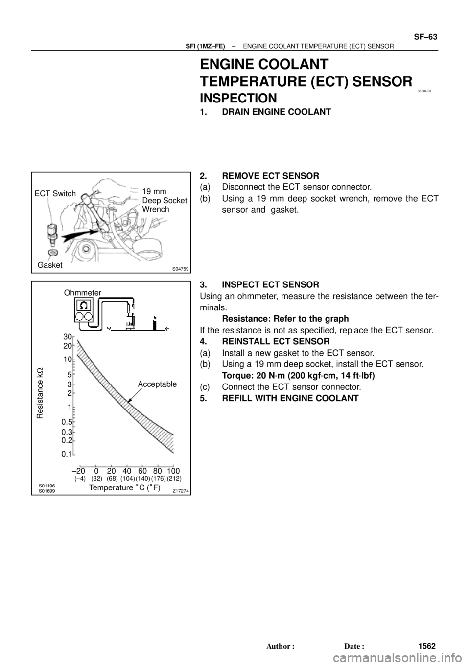 TOYOTA CAMRY 2000  Service Repair Manual SF08I±03
S04759
ECT Switch19 mm
Deep Socket
Wrench
Gasket
S01196S01699Z17274
Ohmmeter
Resistance kW
Temperature °C (°F) Acceptable 30
20
10
5
3
2
1
0.5
0.3
0.2
0.1
40 ±20 0 20 60 80 100
(212) (176