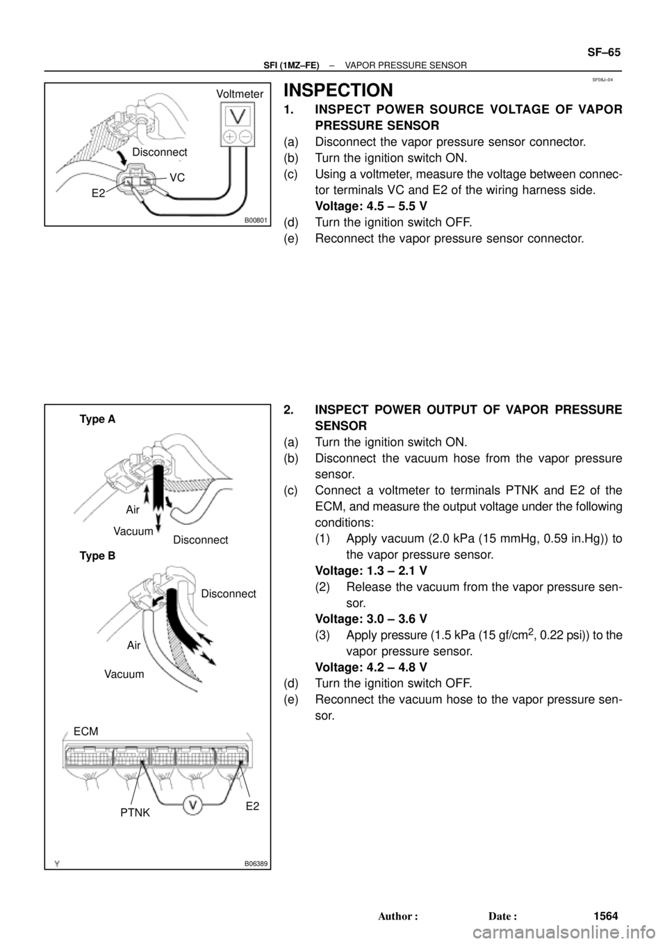 TOYOTA CAMRY 2000  Service Repair Manual SF08J±04
B00801
Disconnect
VC
E2Voltmeter
B06389
Type BDisconnect Vacuum
VacuumAir
PTNKE2 ECMType A
Disconnect
Air
± SFI (1MZ±FE)VAPOR PRESSURE SENSOR
SF±65
1564 Author: Date:
INSPECTION
1. INSP