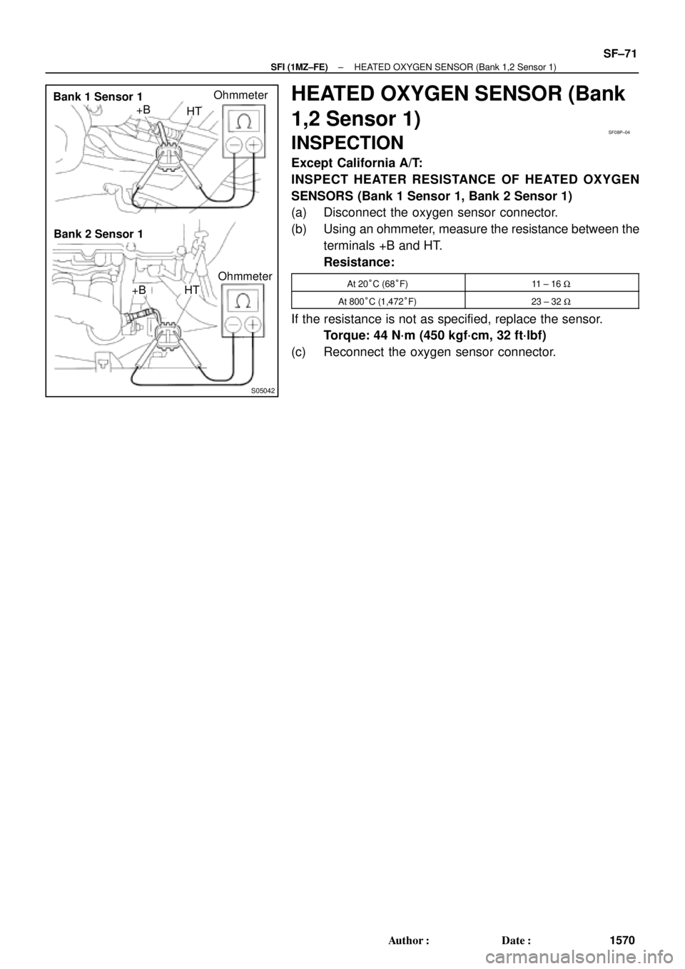 TOYOTA CAMRY 2000  Service Repair Manual S05042
Bank 1 Sensor 1
Bank 2 Sensor 1+B
HTOhmmeter
+B HTOhmmeter
SF08P±04
± SFI (1MZ±FE)HEATED OXYGEN SENSOR (Bank 1,2 Sensor 1)
SF±71
1570 Author: Date:
HEATED OXYGEN SENSOR (Bank
1,2 Sensor 1