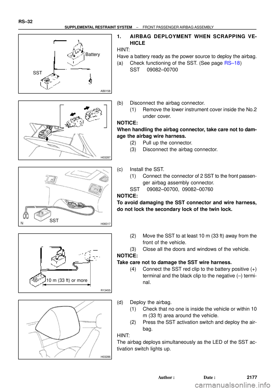 TOYOTA CAMRY 2000  Service Repair Manual AB0158
SSTBattery
H03287
H08317SST
R13455
10 m (33 ft) or more
H03286
RS±32
± SUPPLEMENTAL RESTRAINT SYSTEMFRONT PASSENGER AIRBAG ASSEMBLY
2177 Author: Date:
1. AIRBAG DEPLOYMENT WHEN SCRAPPING VE
