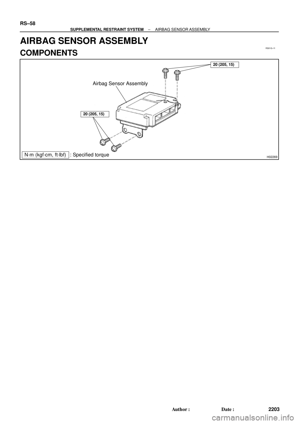 TOYOTA CAMRY 2000  Service Repair Manual RS01G±11
H02269
20 (205, 15)
20 (205, 15)
Airbag Sensor Assembly
N´m (kgf´cm, ft´lbf) : Specified torque
RS±58
± SUPPLEMENTAL RESTRAINT SYSTEMAIRBAG SENSOR ASSEMBLY
2203 Author: Date:
AIRBAG S