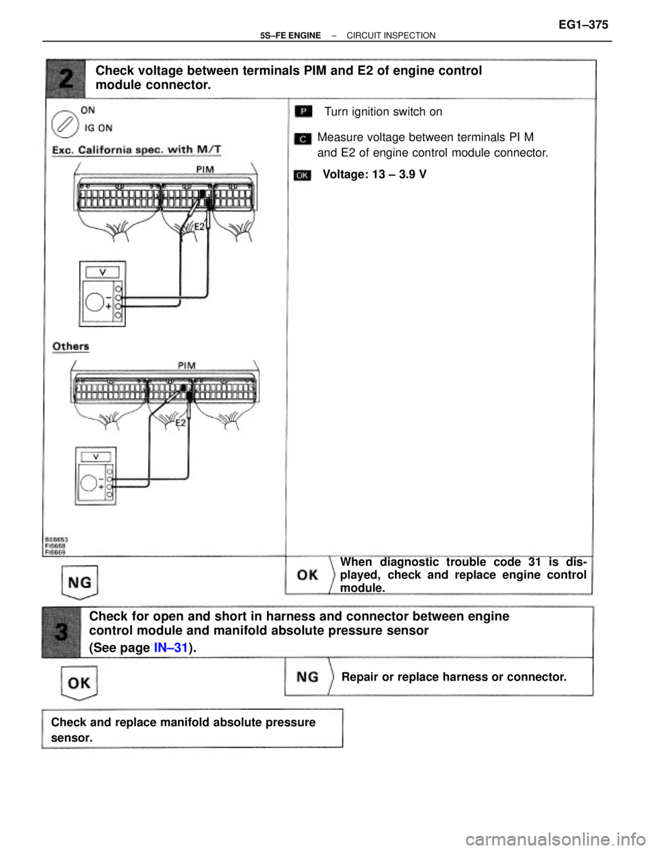 TOYOTA CAMRY 2000 Service Repair Manual Check for open and short in harness and connector between engine
control module and manifold absolute pressure sensor
(See page IN±31).
Turn ignition switch on
Check voltage between terminals PIM and TOYOTA CAMRY 2000 Service Repair Manual Check for open and short in harness and connector between engine
control module and manifold absolute pressure sensor
(See page IN±31).
Turn ignition switch on
Check voltage between terminals PIM and