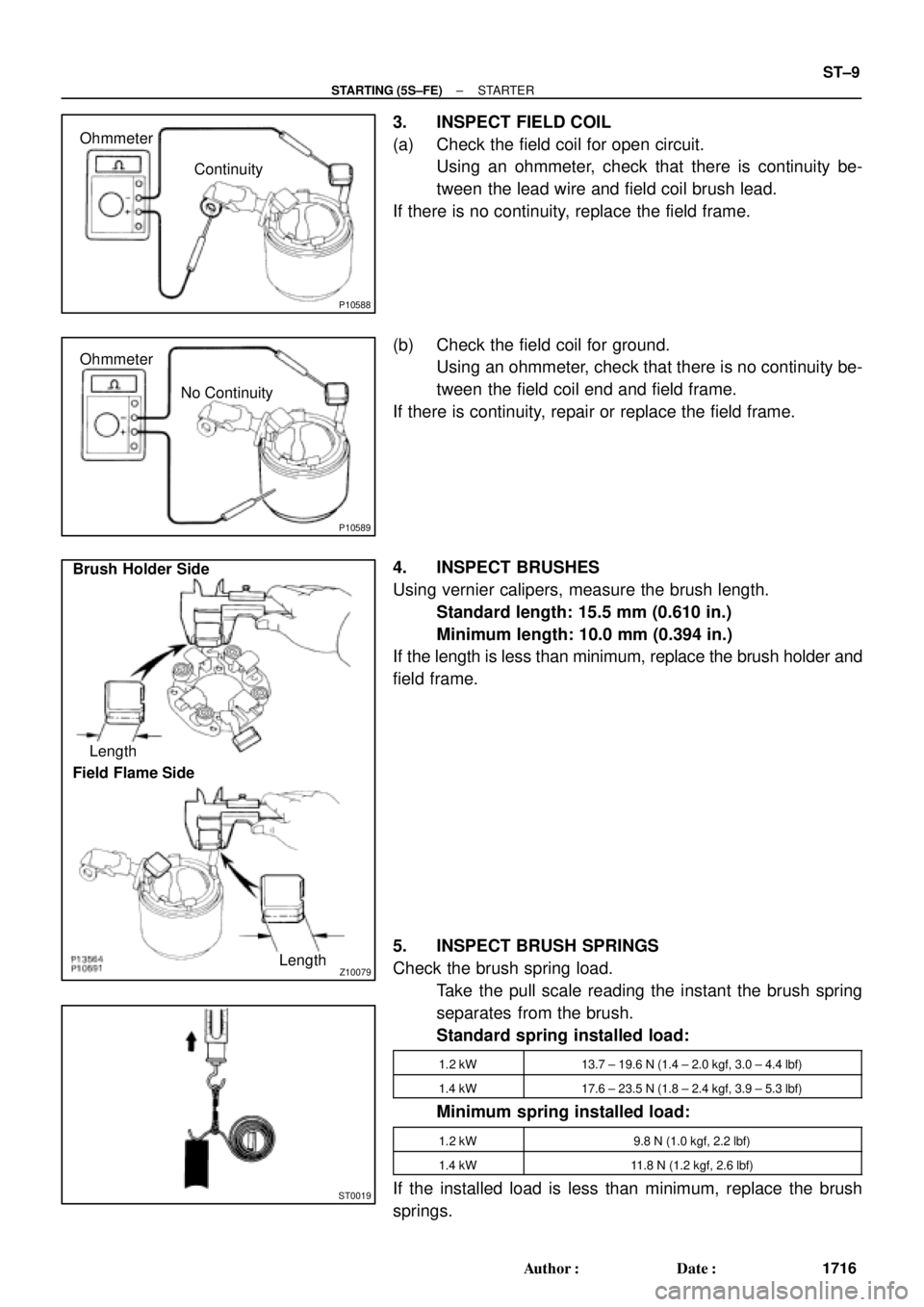 TOYOTA CAMRY 2000  Service Repair Manual P10588
Ohmmeter
Continuity
P10589
Ohmmeter
No Continuity
Z10079
Brush Holder Side
Field Flame SideLength
Length
ST0019
± STARTING (5S±FE)STARTER
ST±9
1716 Author: Date:
3. INSPECT FIELD COIL
(a) 