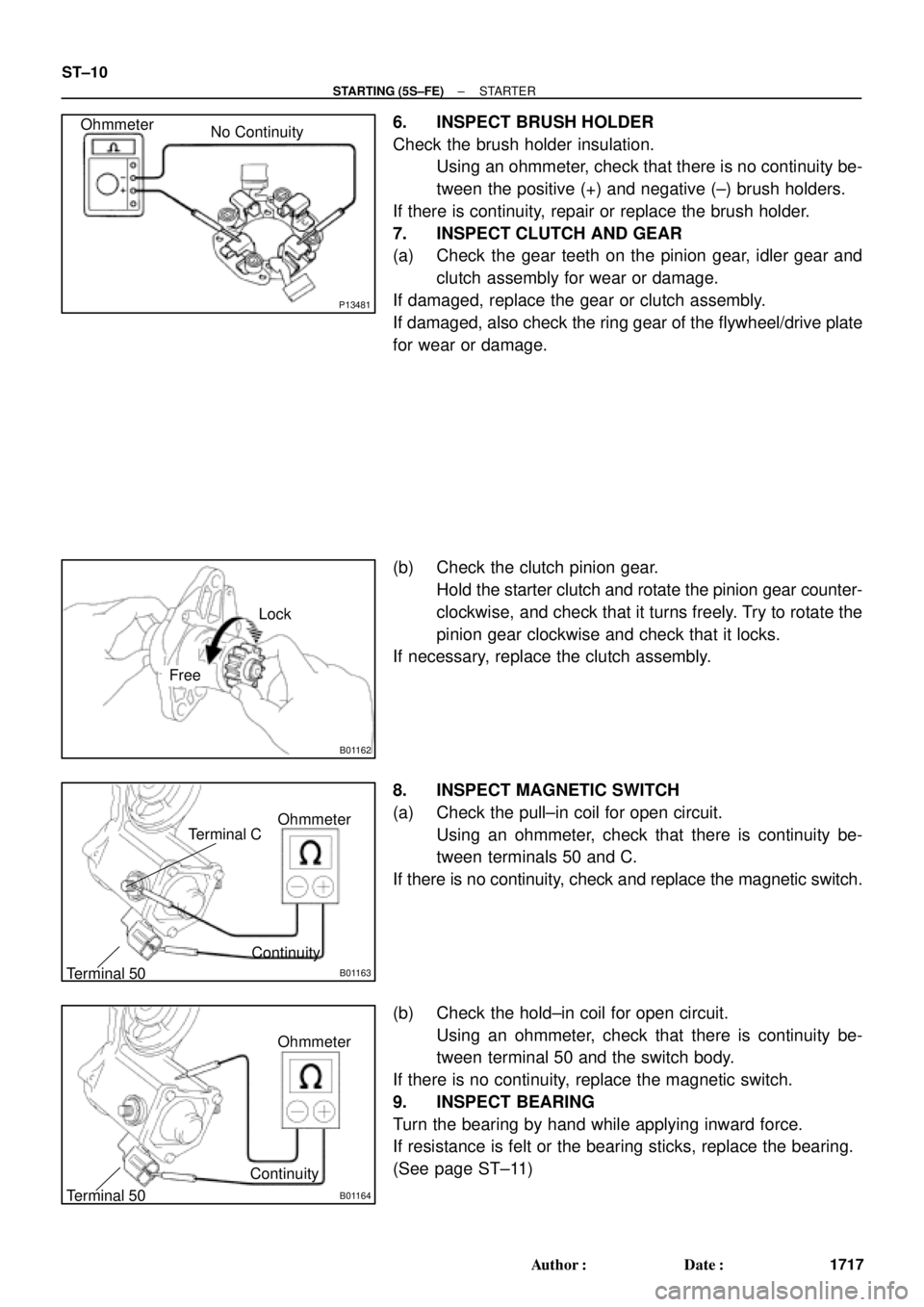 TOYOTA CAMRY 2000  Service Repair Manual P13481
No Continuity Ohmmeter
B01162
Lock
Free
B01163
Ohmmeter
Terminal 50Terminal C
Continuity
B01164
Ohmmeter
Terminal 50Continuity
ST±10
± STARTING (5S±FE)STARTER
1717 Author: Date:
6. INSPECT