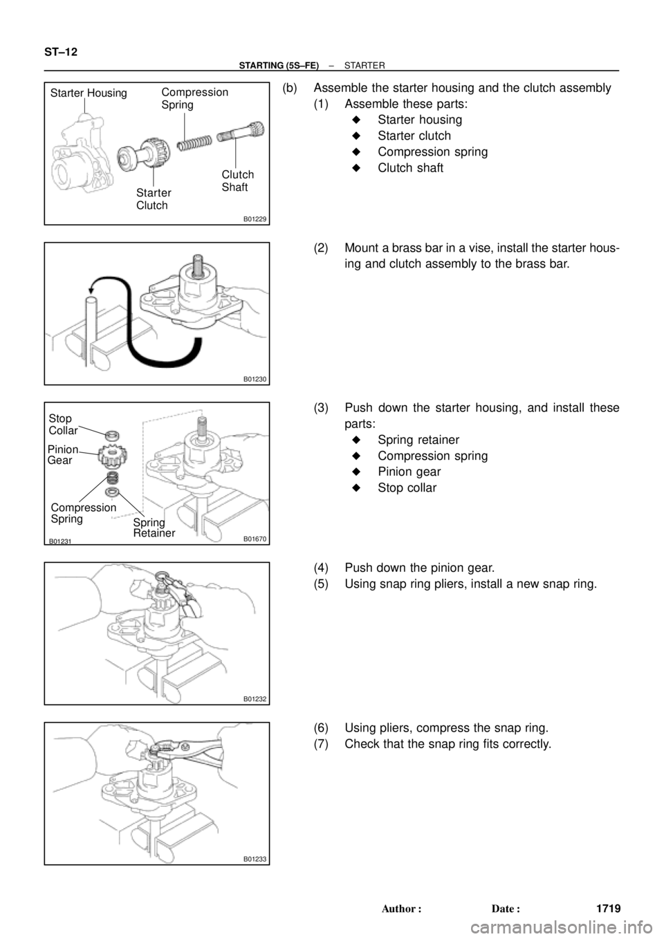 TOYOTA CAMRY 2000  Service Repair Manual B01229
Starter Housing
Starter
ClutchCompression
Spring
Clutch
Shaft
B01230
B01231B01670
Spring
Compression PinionStop
Collar
Gear
Spring
Retainer
B01232
B01233
ST±12
± STARTING (5S±FE)STARTER
1719