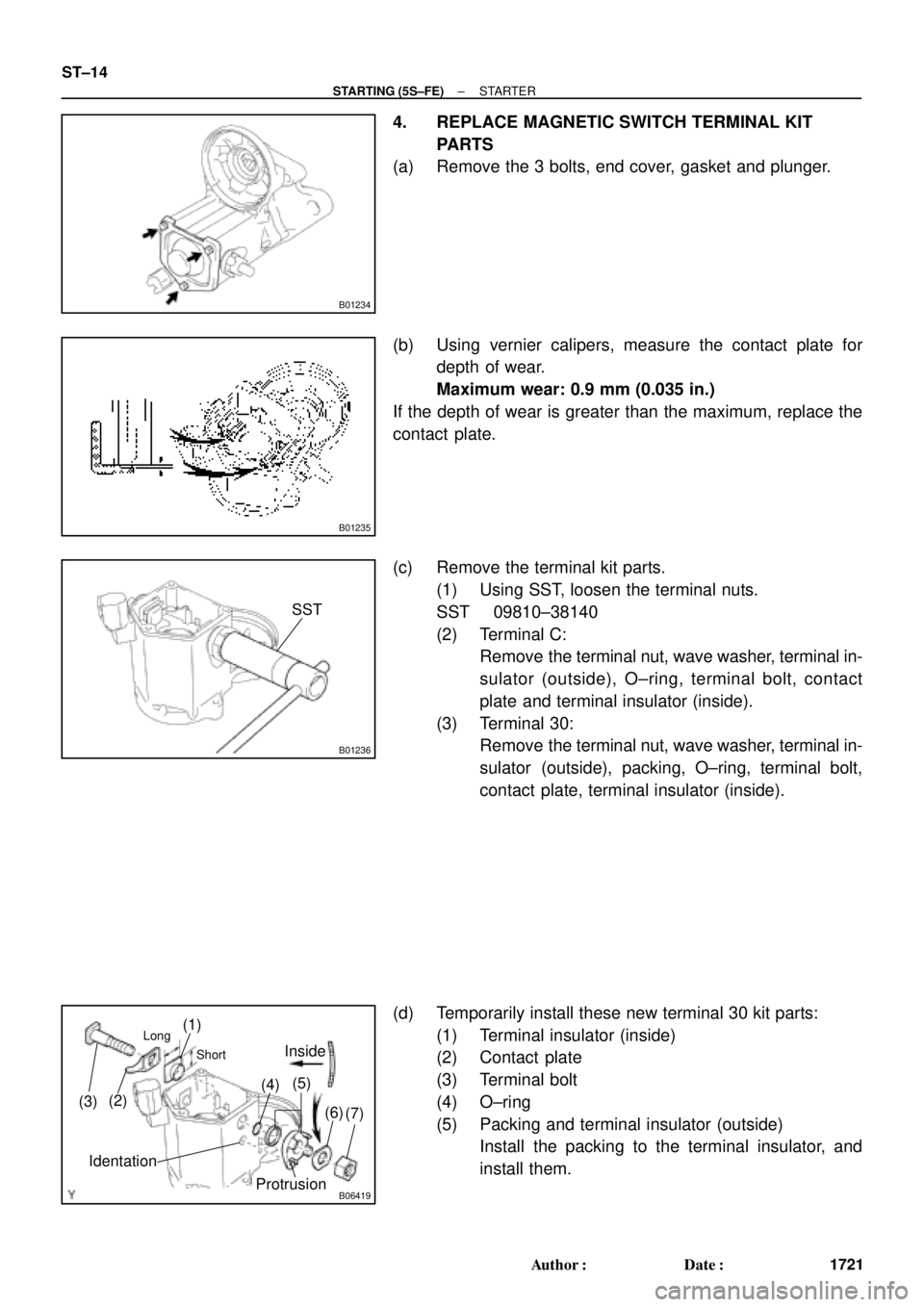 TOYOTA CAMRY 2000  Service Repair Manual B01234
B01235
B01236
SST
B06419
(1)
(2)
(3)(4)(5)Long
Short
(6)
(7)
Inside
Protrusion
Identation
ST±14
± STARTING (5S±FE)STARTER
1721 Author: Date:
4. REPLACE MAGNETIC SWITCH TERMINAL KIT
PARTS
(