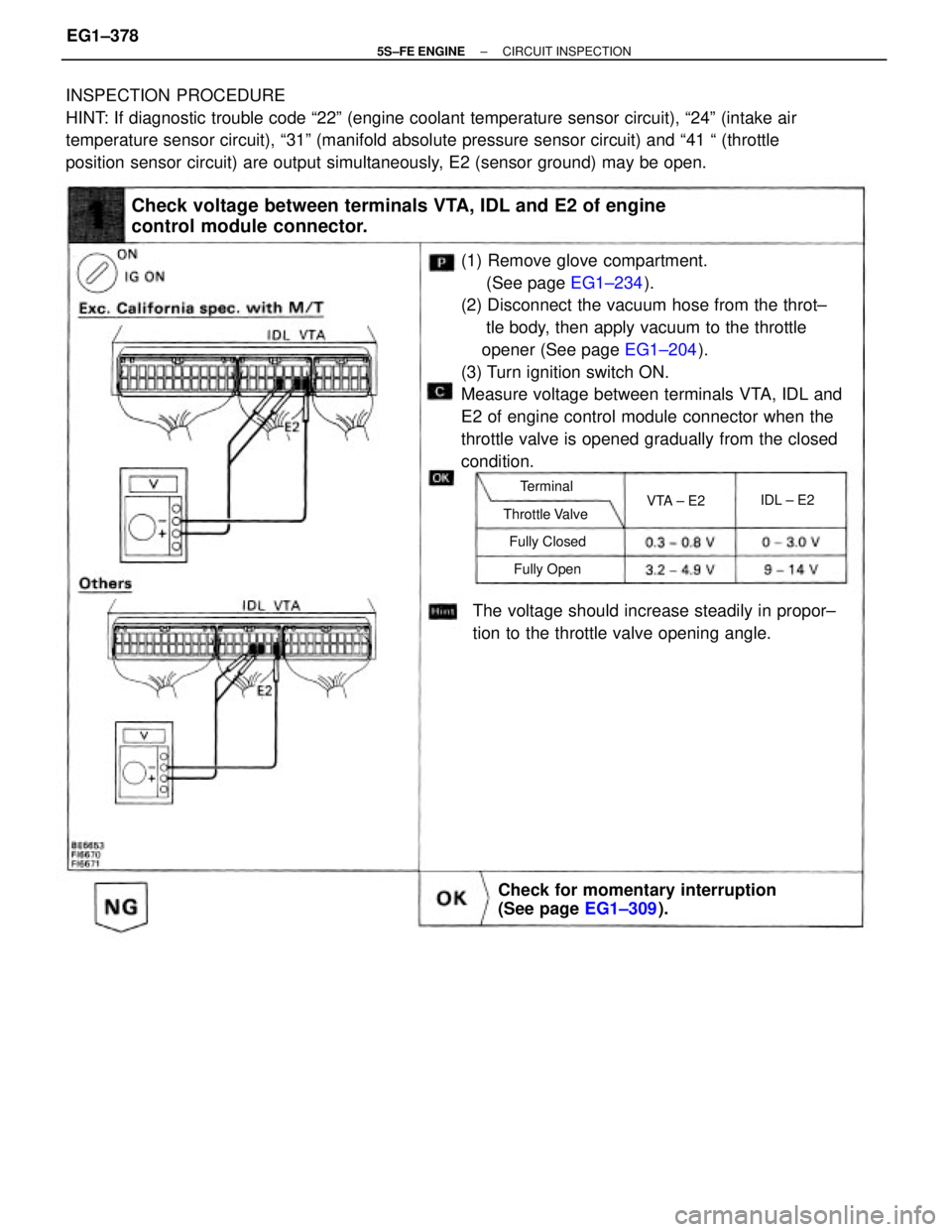 TOYOTA CAMRY 2000 Service Repair Manual INSPECTION PROCEDURE
HINT: If diagnostic trouble code ª22º (engine coolant temperature sensor circuit), ª24º (intake air
temperature sensor circuit), ª31º (manifold absolute pressure sensor circ TOYOTA CAMRY 2000 Service Repair Manual INSPECTION PROCEDURE
HINT: If diagnostic trouble code ª22º (engine coolant temperature sensor circuit), ª24º (intake air
temperature sensor circuit), ª31º (manifold absolute pressure sensor circ