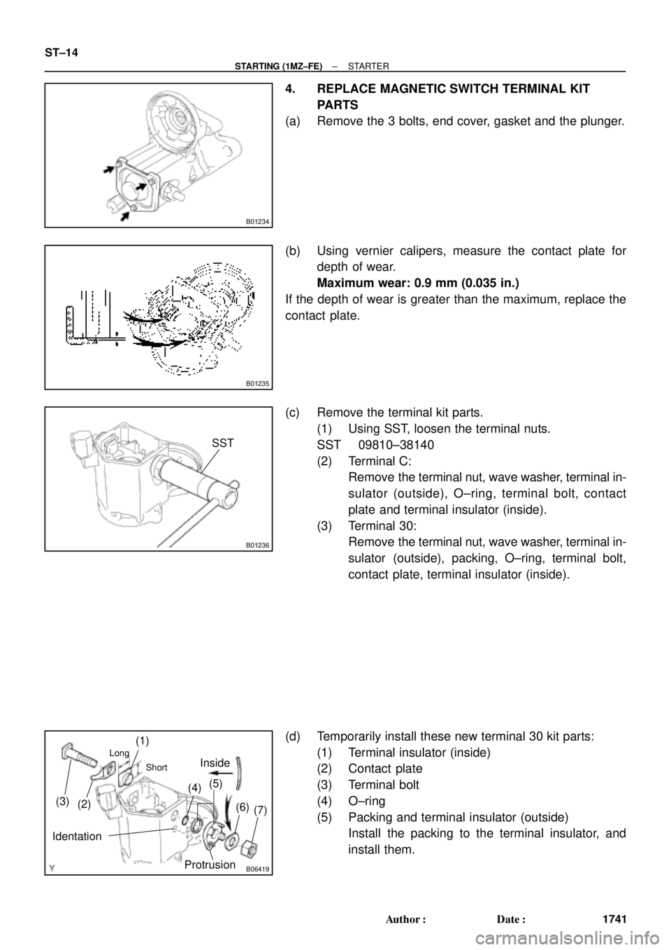 TOYOTA CAMRY 2000  Service Repair Manual B01234
B01235
B01236
SST
B06419
(1)
(2) (3)(4)(5)
(6)
Long
Short
(7)
Inside
Protrusion
Identation
ST±14
± STARTING (1MZ±FE)STARTER
1741 Author: Date:
4. REPLACE MAGNETIC SWITCH TERMINAL KIT
PARTS