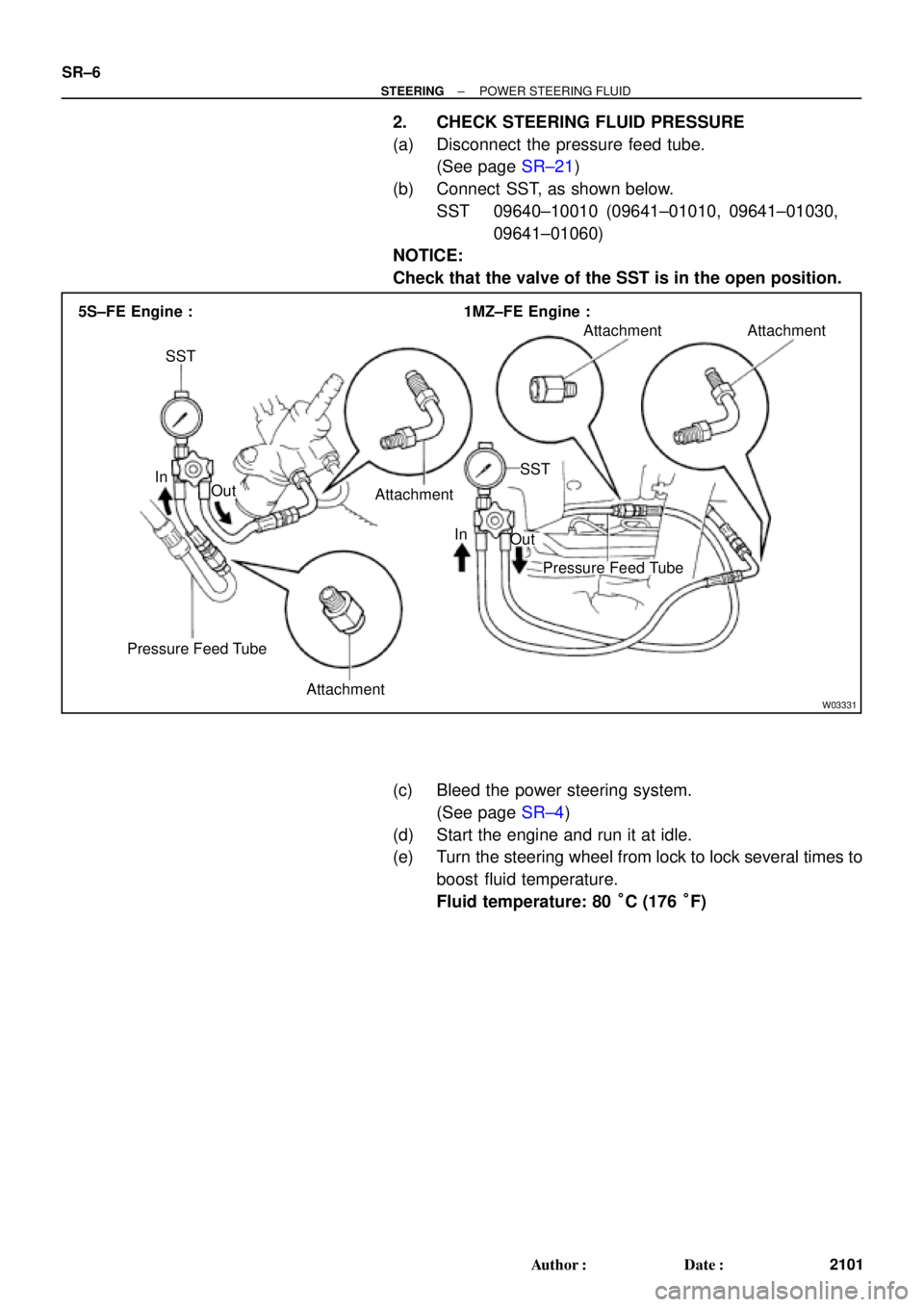 TOYOTA CAMRY 2000  Service Repair Manual W03331
Attachment
Pressure Feed TubePressure Feed Tube SST
Out In 5S±FE Engine : 1MZ±FE Engine :
Out In
AttachmentAttachment Attachment
SST SR±6
± STEERINGPOWER STEERING FLUID
2101 Author: Date: