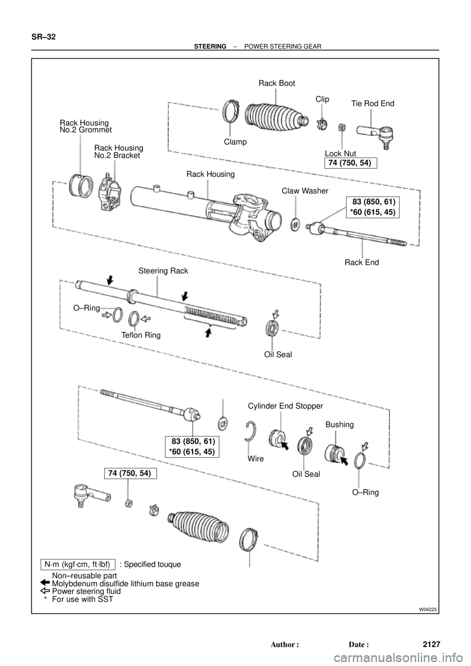 TOYOTA CAMRY 2000  Service Repair Manual W04225
Rack Housing
No.2 Grommet
Rack Housing
No.2 Bracket
Rack Housing
 Claw Washer
Rack End Lock NutTie Rod End Rack Boot
 ClampClip
Steering Rack
 Teflon Ring
 Oil Seal
Cylinder End Stopper
Bus