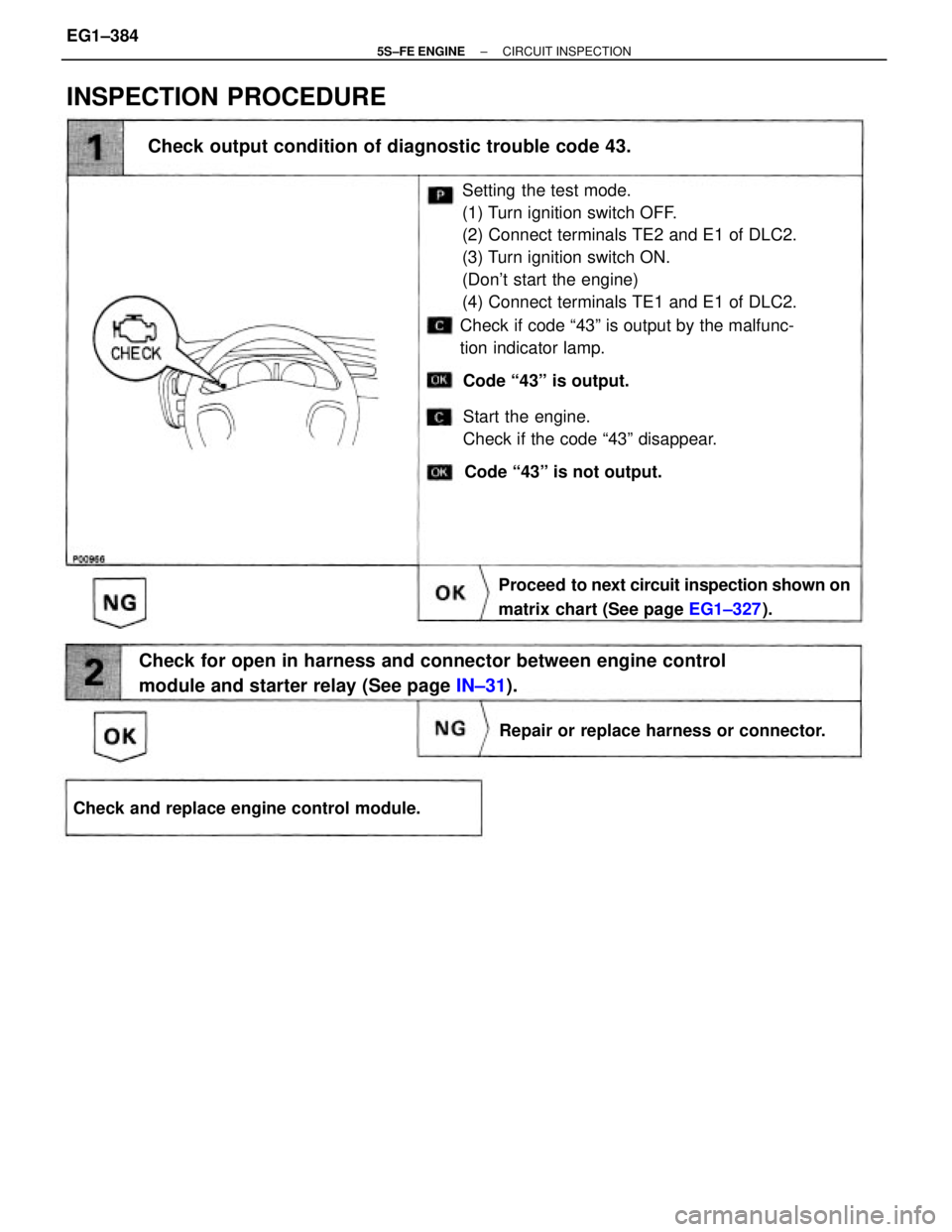 TOYOTA CAMRY 2000  Service Repair Manual Setting  the test mode.
(1) Turn ignition switch OFF.
(2) Connect terminals TE2 and E1 of DLC2.
(3) Turn ignition switch ON.
(Dont start the engine)
(4) Connect terminals TE1 and E1 of DLC2.
Check fo