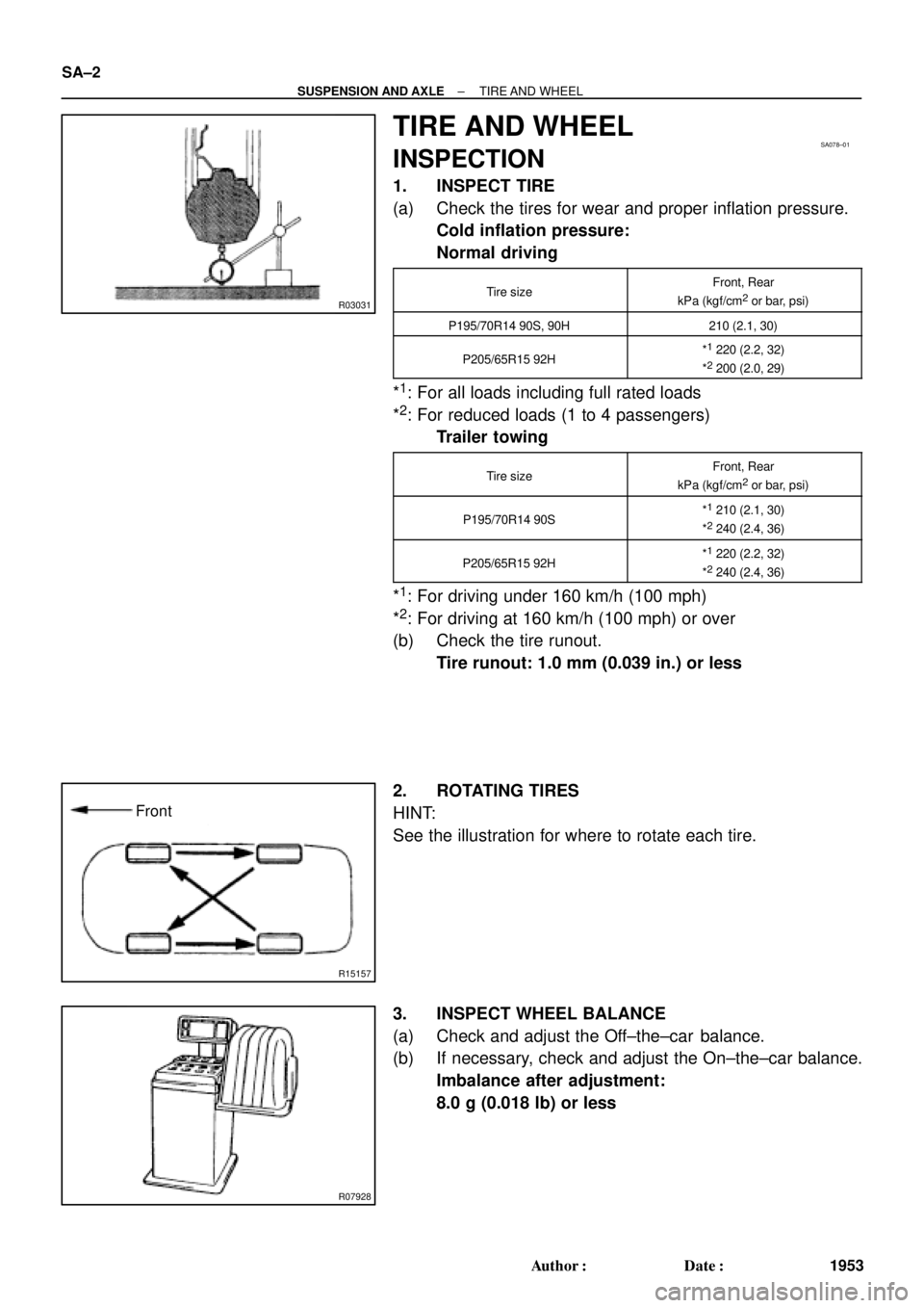 TOYOTA CAMRY 2000  Service Repair Manual R03031
SA078±01
R15157
Front
R07928
SA±2
± SUSPENSION AND AXLETIRE AND  WHEEL
1953 Author: Date:
TIRE AND WHEEL
INSPECTION
1. INSPECT TIRE
(a) Check the tires for wear and proper inflation pressu