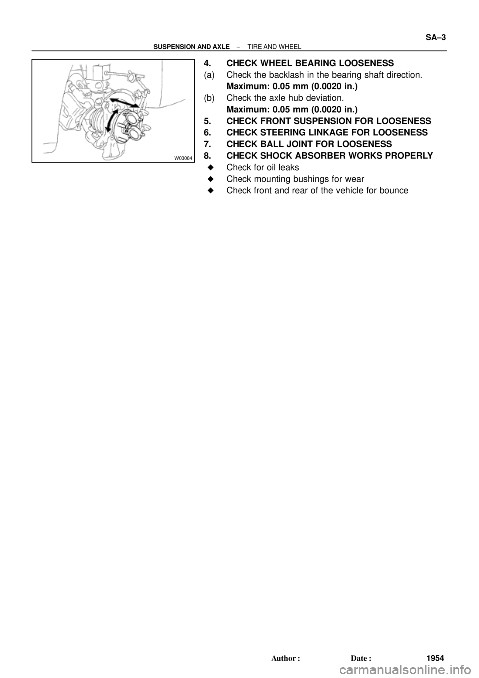 TOYOTA CAMRY 2000  Service Repair Manual W03084
± SUSPENSION AND AXLETIRE AND  WHEEL
SA±3
1954 Author: Date:
4. CHECK WHEEL BEARING LOOSENESS
(a) Check the backlash in the bearing shaft direction.
Maximum: 0.05 mm (0.0020 in.)
(b) Check 