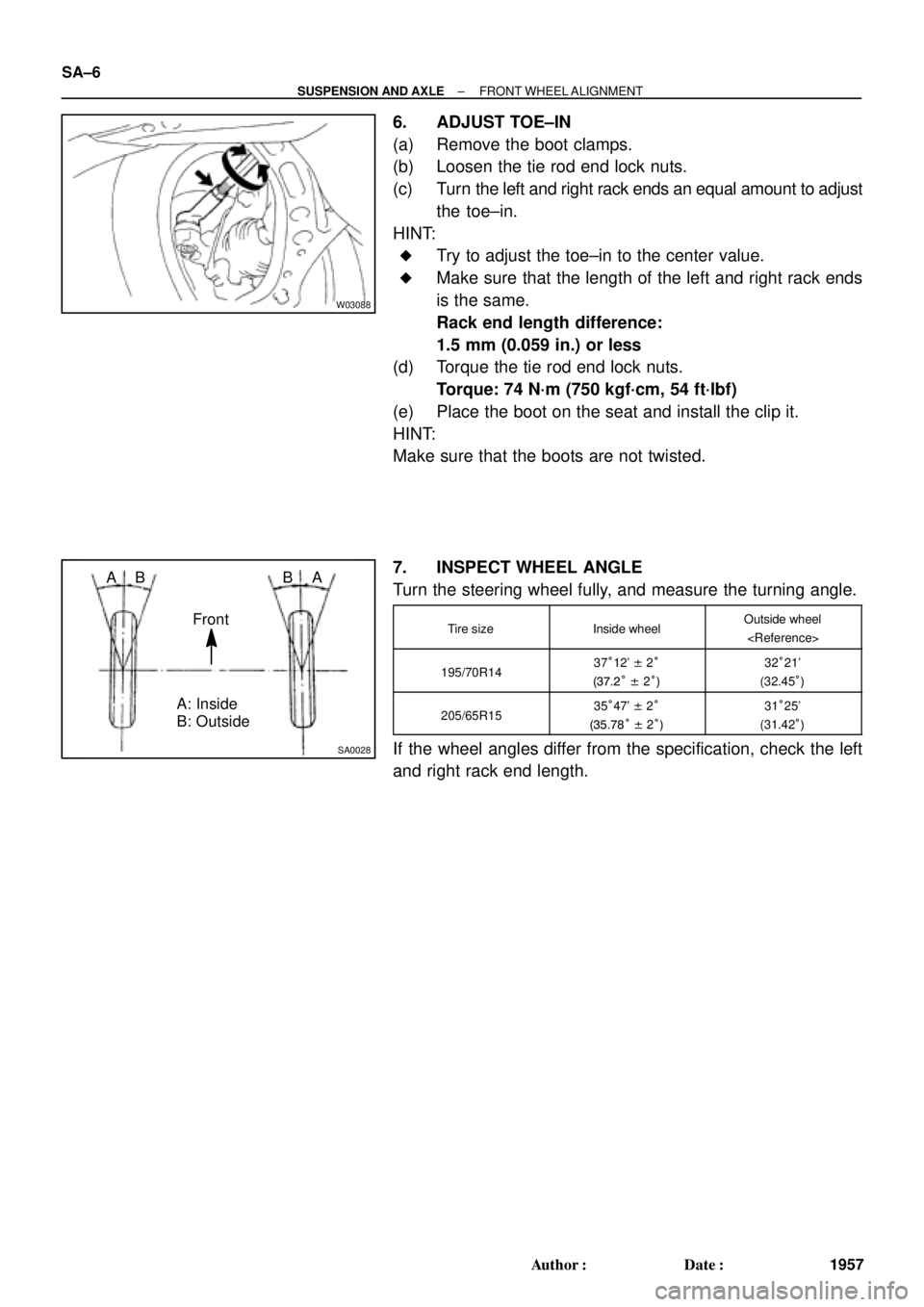 TOYOTA CAMRY 2000  Service Repair Manual W03088
SA0028
A: Inside
B: Outside AB
Front BA SA±6
± SUSPENSION AND AXLEFRONT WHEEL ALIGNMENT
1957 Author: Date:
6. ADJUST TOE±IN
(a) Remove the boot clamps.
(b) Loosen the tie rod end lock nuts