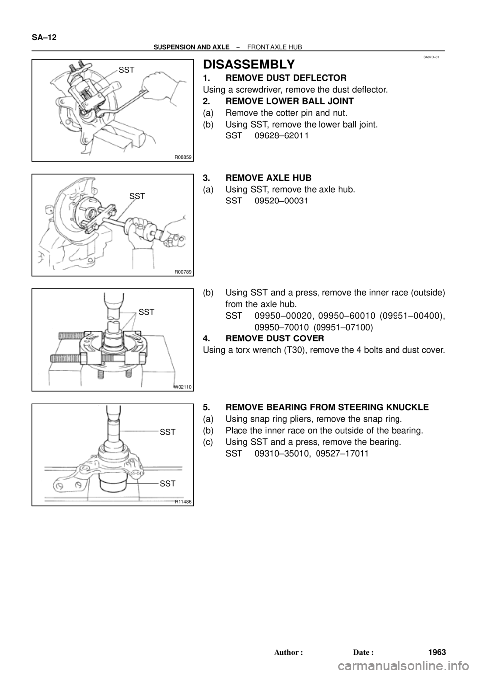 TOYOTA CAMRY 2000  Service Repair Manual SA07D±01
R08859
SST
R00789
SST
W02110
SST
R11486
SST
SST
SA±12
± SUSPENSION AND AXLEFRONT AXLE  HUB
1963 Author: Date:
DISASSEMBLY
1. REMOVE DUST DEFLECTOR
Using a screwdriver, remove the dust de