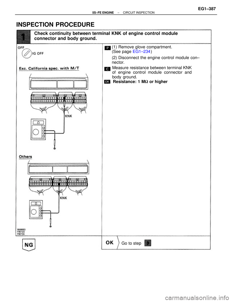 TOYOTA CAMRY 2000  Service Repair Manual (1) Remove glove compartment.
(See page EG1±234)
(2) Disconnect the engine control module con±
nector.
Check continuity between terminal KNK of engine control module
connector and body ground.
INSPE