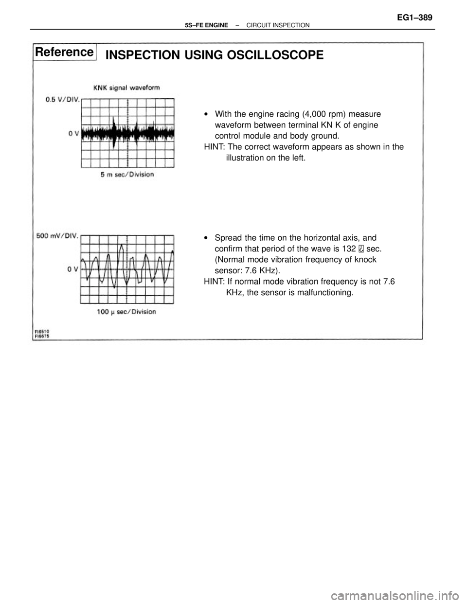 TOYOTA CAMRY 2000  Service Repair Manual wSpread the time on the horizontal axis, and
confirm that period of the wave is 132 
 sec.
(Normal mode vibration frequency of knock
sensor: 7.6 KHz).
HINT: If normal mode vibration frequency is not 7