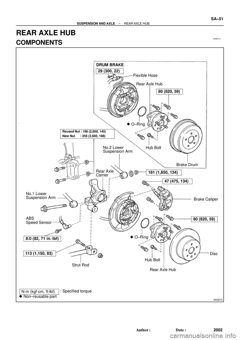 TOYOTA CAMRY 2000  Service Repair Manual SA085±01
W03210
DRUM BRAKE
Flexible Hose
Rear Axle Hub
 O±Ring
Hub Bolt
Brake Drum
Brake Caliper No.2 Lower
Suspension Arm
Rear Axle
Carrier
No.1 Lower
Suspension Arm
 O±Ring
Hub Bolt
Rear Axle H