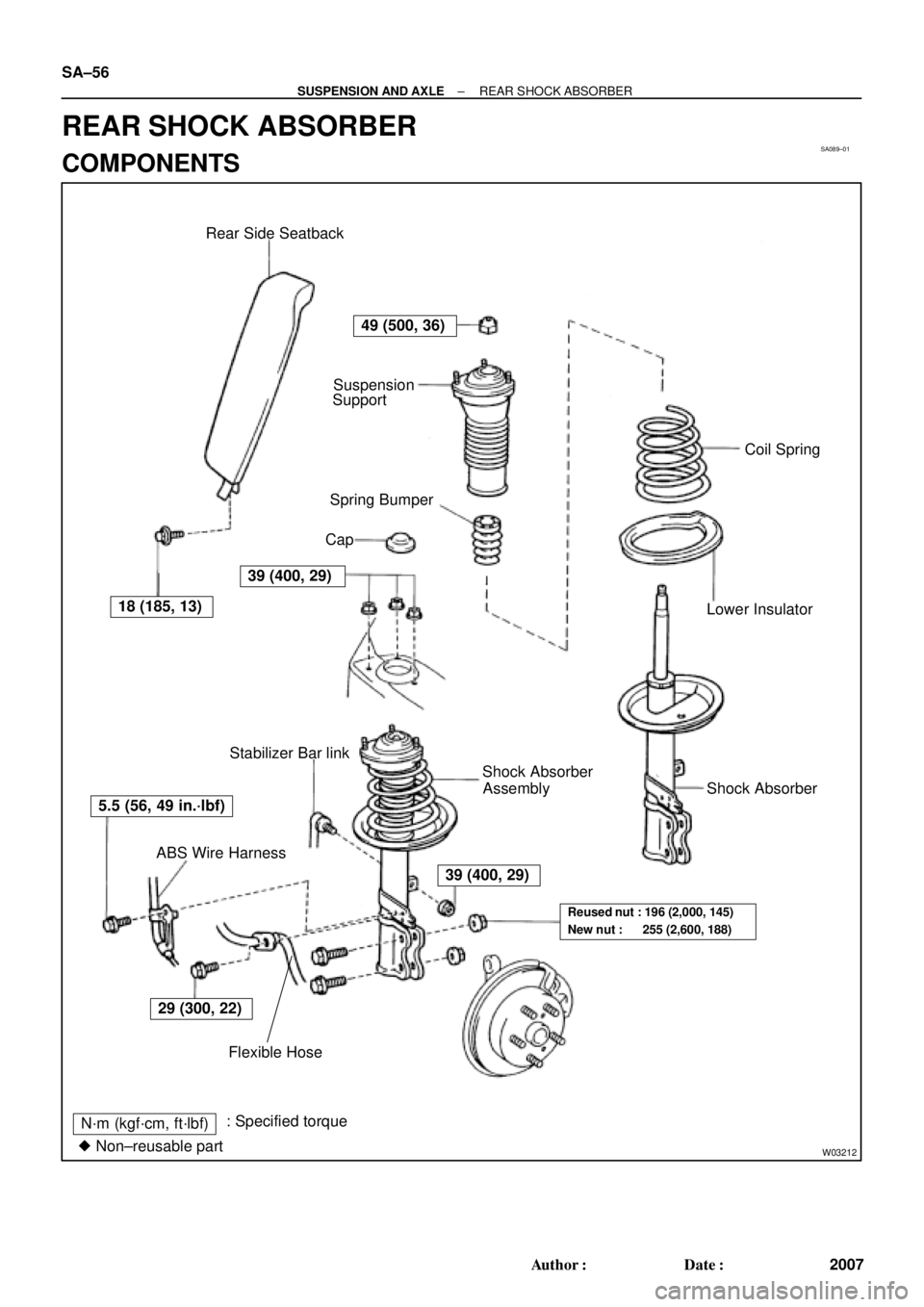 TOYOTA CAMRY 2000  Service Repair Manual SA089±01
W03212
Spring Bumper
Lower Insulator
N´m (kgf´cm, ft´lbf): Specified torque
 Non±reusable partSuspension
Support
Coil Spring
Stabilizer Bar link
Assembly Shock Absorber Rear Side Seatba